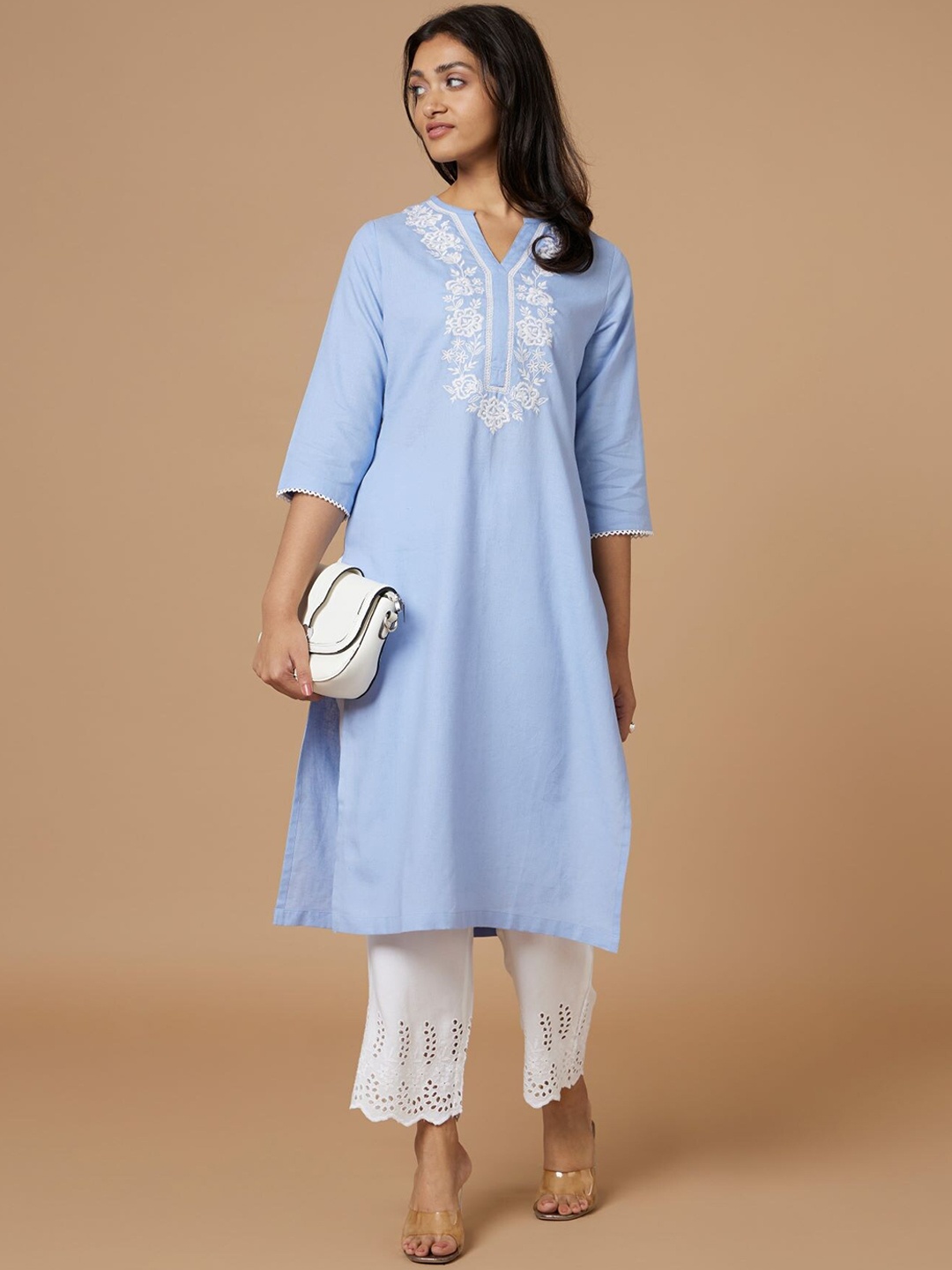 

Bombay Bloom Floral Yoke Design Thread Work Mandarin Collar Linen Kurta with Trousers, Blue