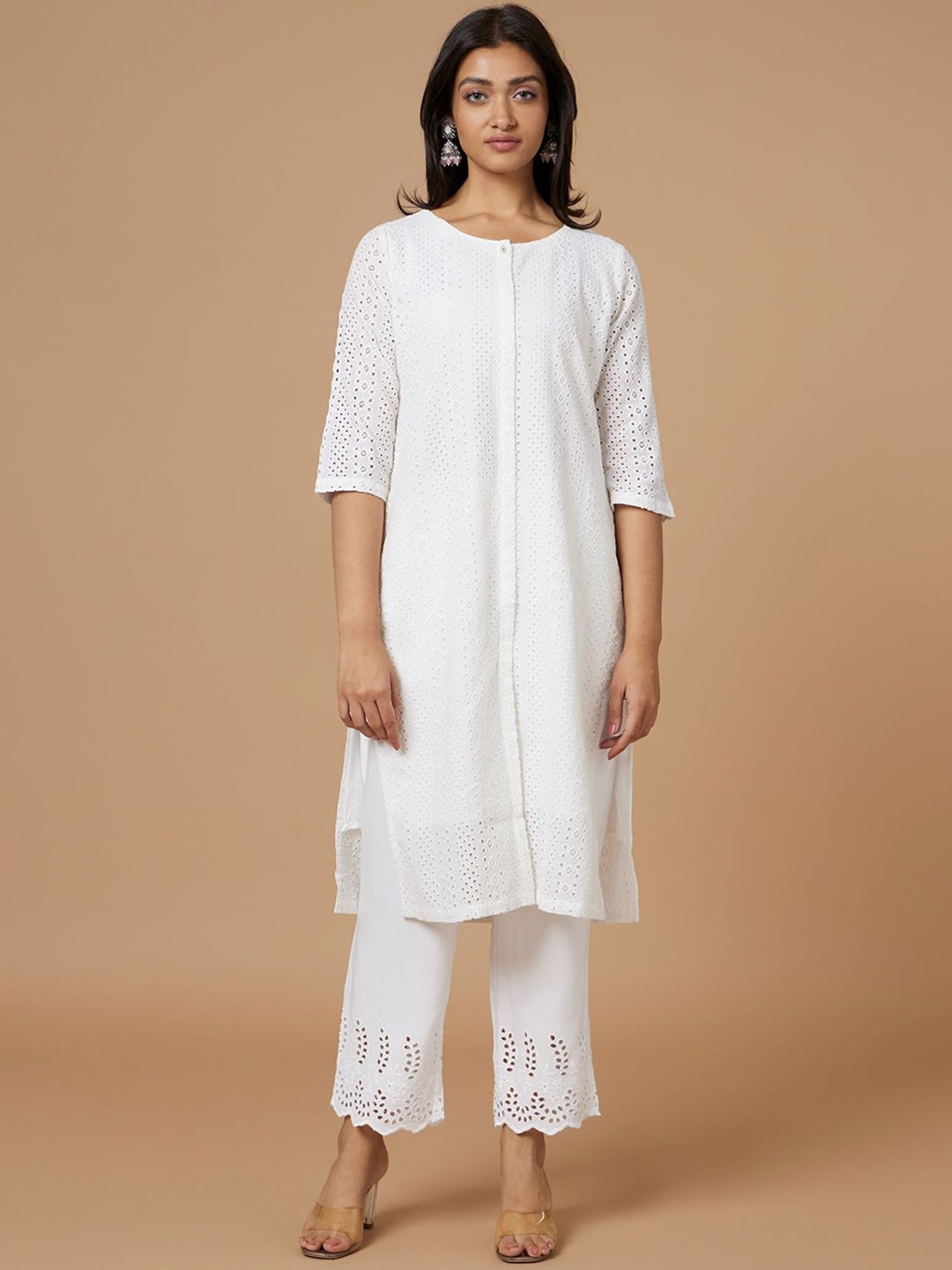 

Bombay Bloom Self Design Pure Cotton Kurta With Trousers, White