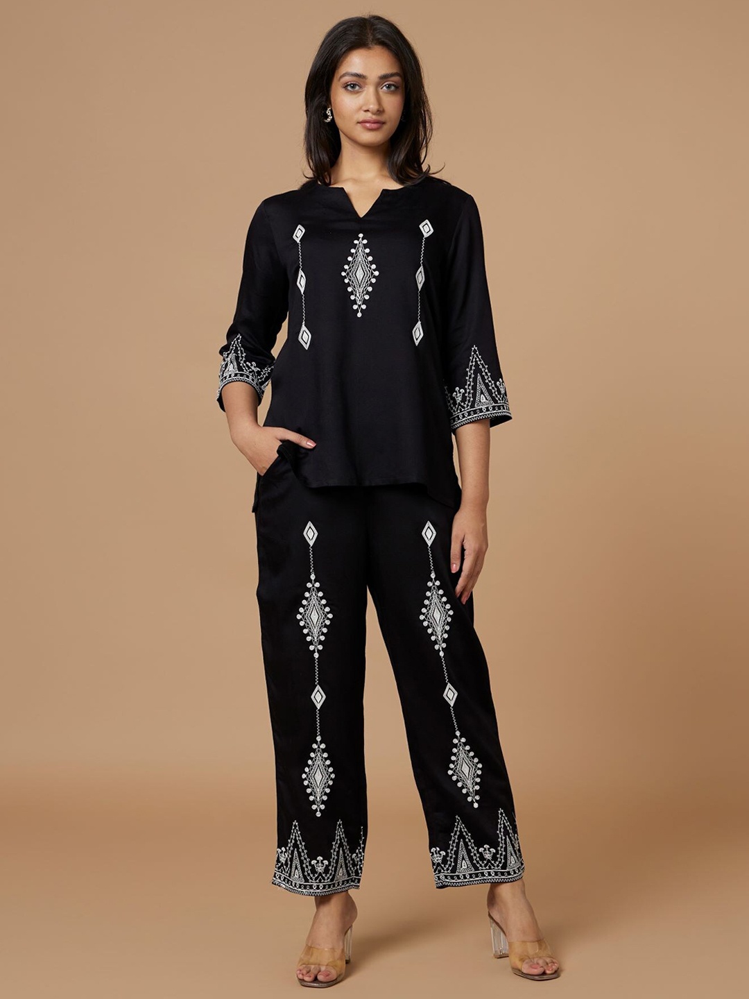 

Bombay Bloom Geometric Embroidered Top With Trouser, Black