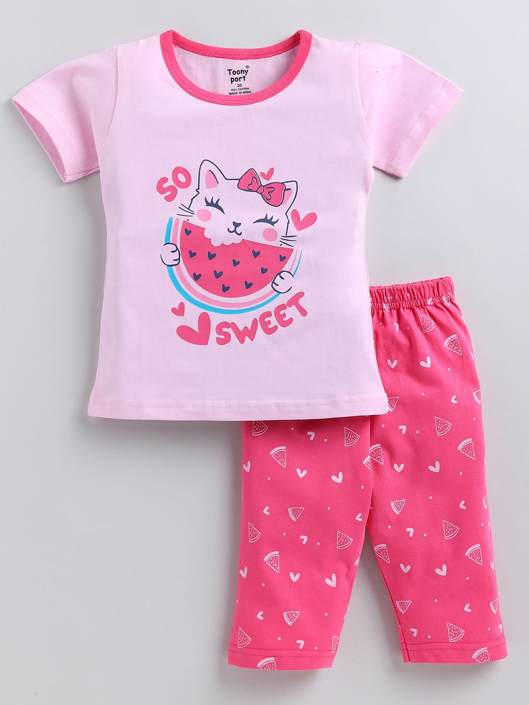 

Toonyport Girls Printed Pure Cotton Top With Capris, Pink