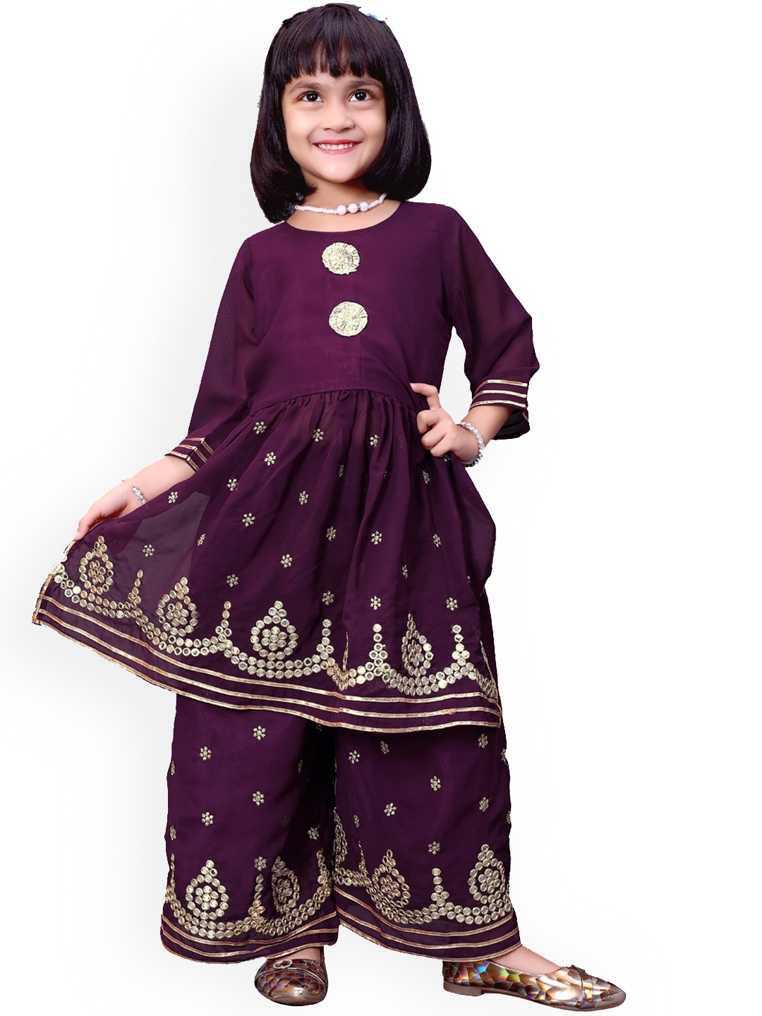 

BAESD Girls Embroidered Regular Mirror Work Kurta With Palazzos, Magenta