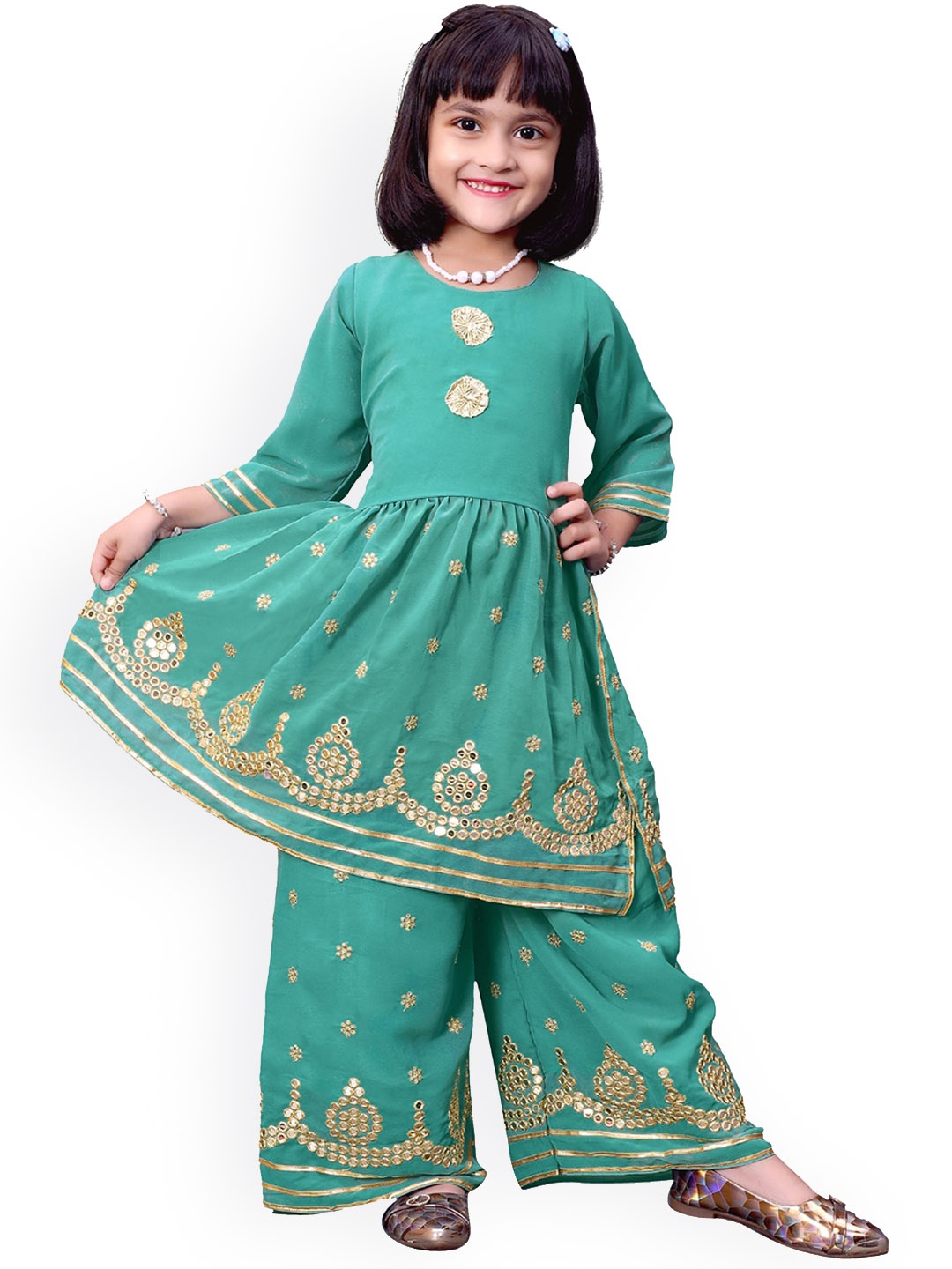 BAESD Girls Embroidered Regular Mirror Work Kurta With Palazzos, Sea green