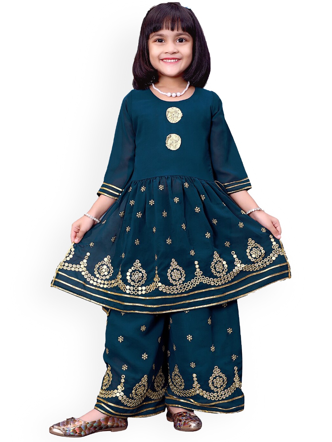 

BAESD Girls Ethnic Motifs Embroidered Mirror Work Detailed A-Line Kurta with Palazzos, Teal