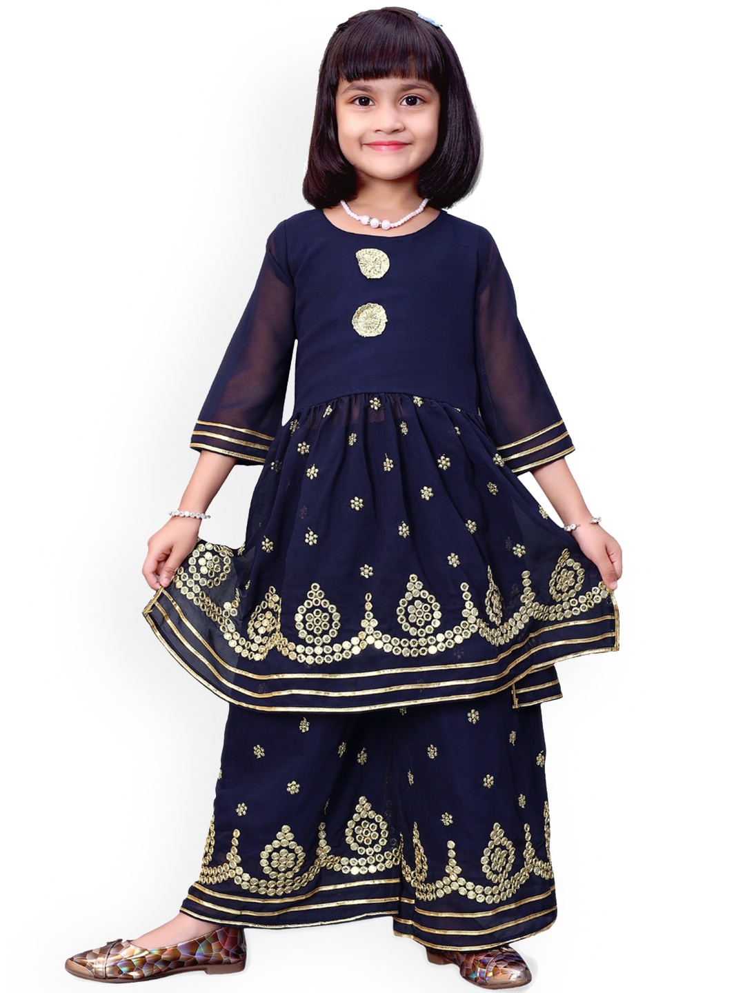 BAESD Girls Embroidered Regular Mirror Work Kurta With Palazzos, Navy blue
