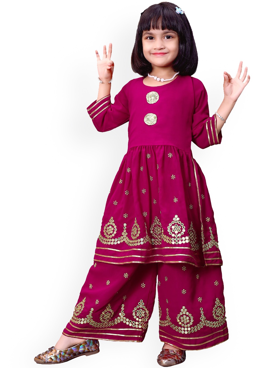BAESD Girls Embroidered Regular Mirror Work Kurta With Palazzos, Pink