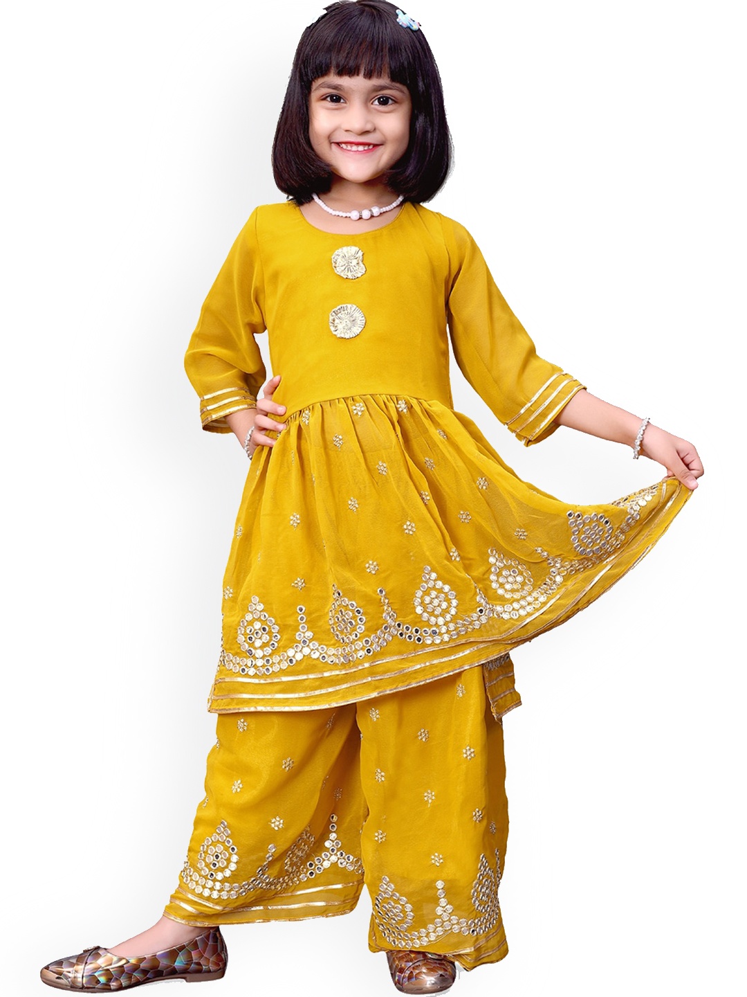

BAESD Girls Embroidered Regular Mirror Work Kurta With Palazzos, Yellow