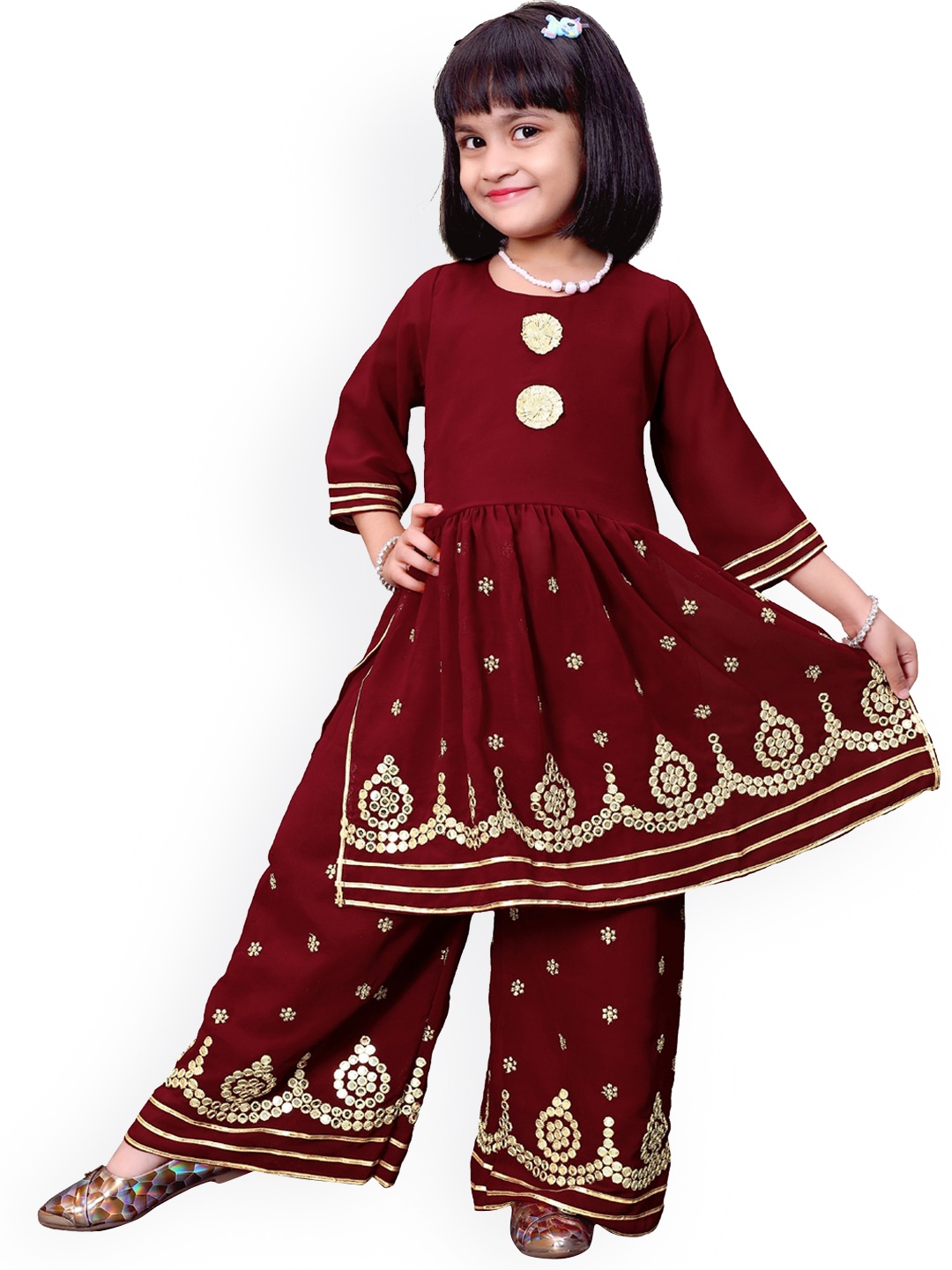 

BAESD Girls Ethnic Motifs Embroidered Mirror Work Detailed A-Line Kurta with Palazzos, Maroon