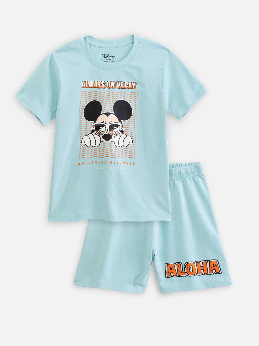 

Nap Chief Kids Mickey Mouse Printed Pure Cotton T-shirt With Shorts, Sea green