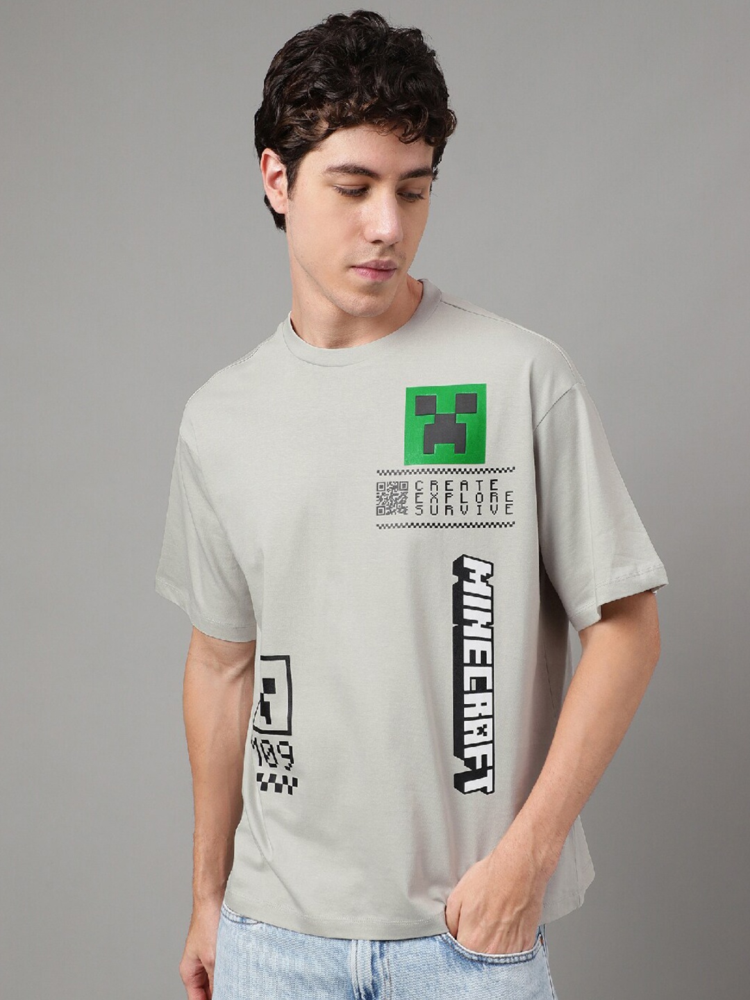 

Free Authority Minecraft Printed Round Neck Loose Fit T-shirt, Grey