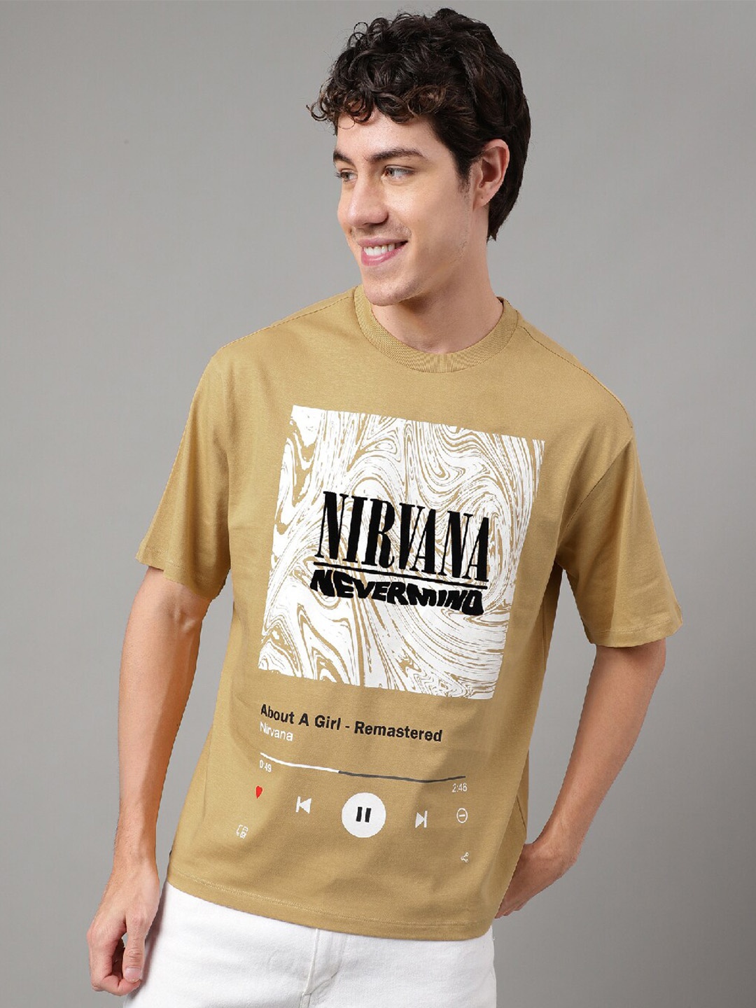 Free Authority Nirvana Printed Round Neck Loose Fit T-shirt, Beige