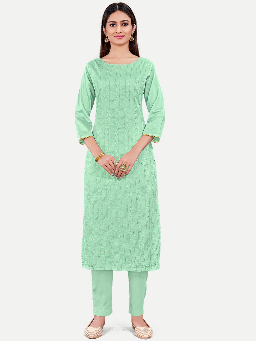 

TAVAS Embroidered Regular Kurta with Trousers, Sea green