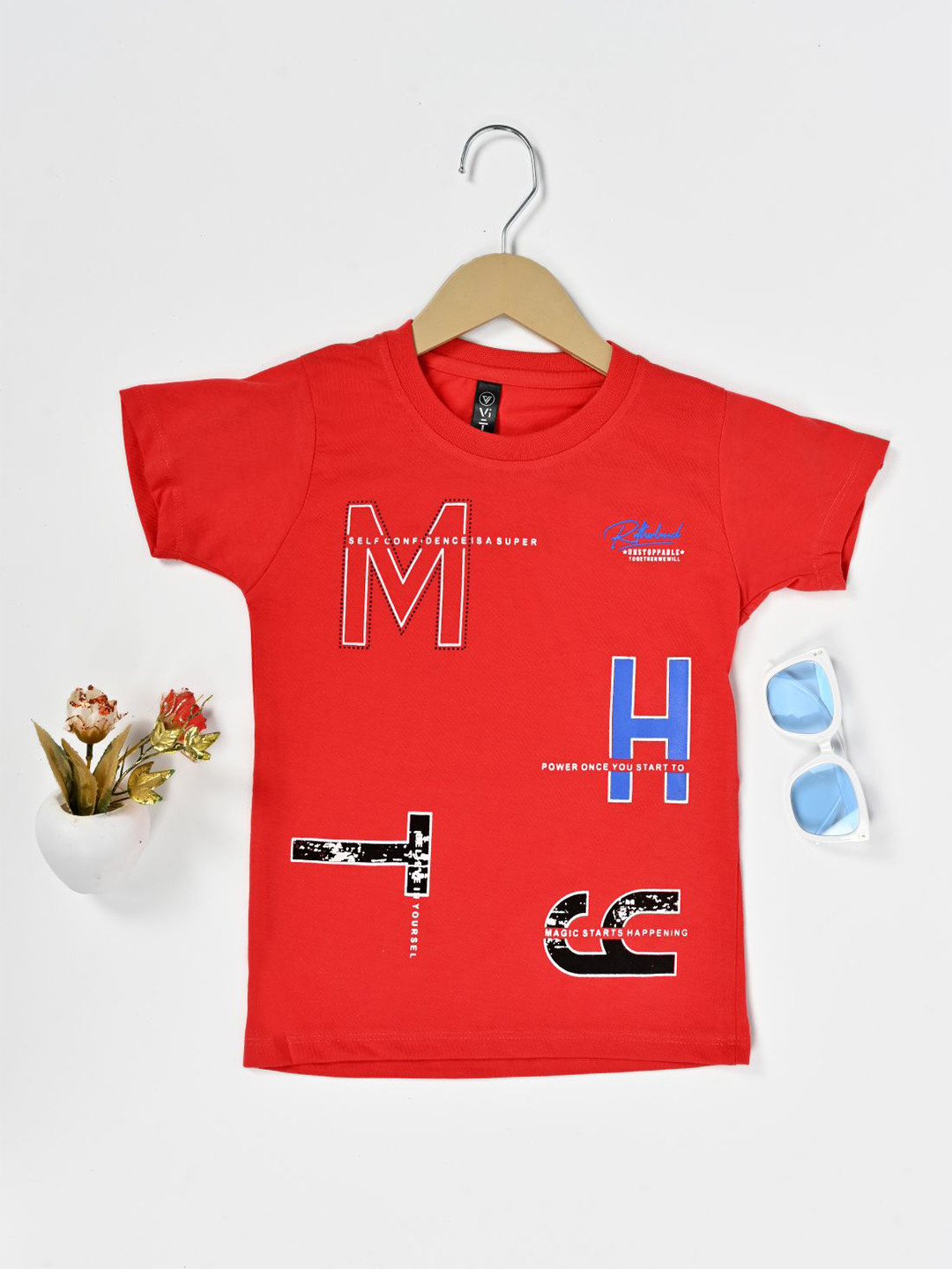 

BAESD Boys Typography Printed otton T-shirt, Red