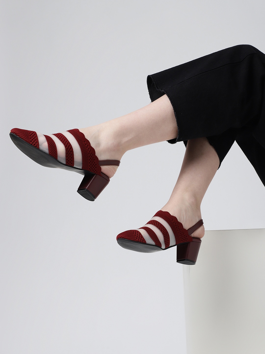 

Marc Loire Striped Block Heels Mules, Maroon