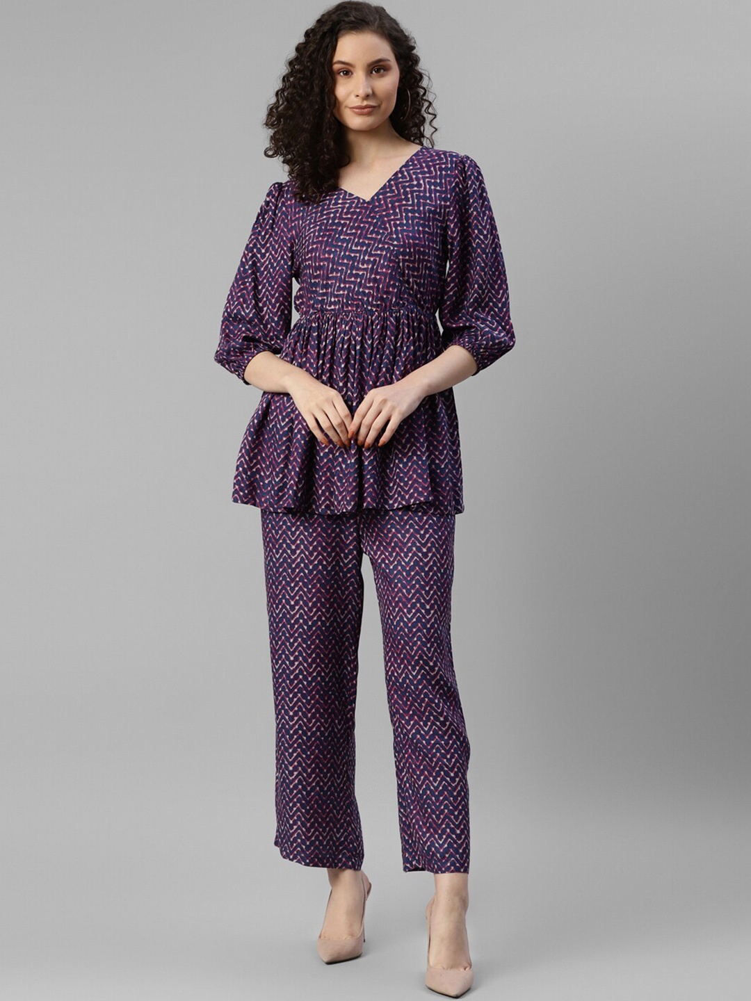 

DEEBACO Chevron Printed Peplum Tunic & Trousers, Blue