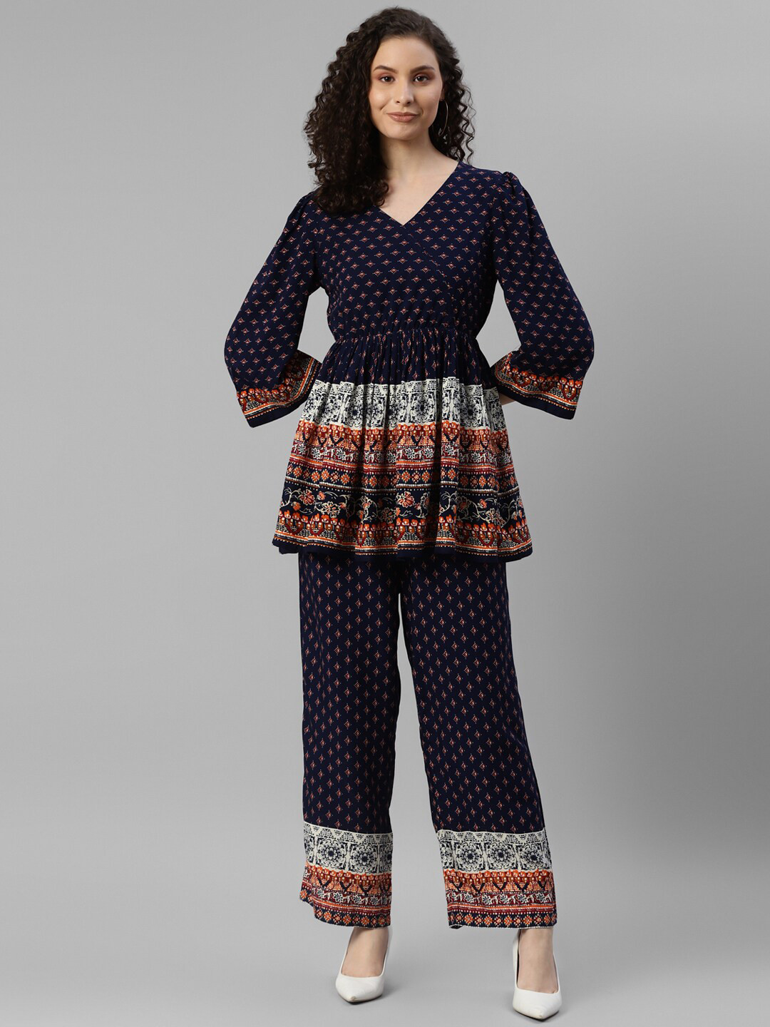 

DEEBACO Printed V-Neck Tunic Tops & Trousers, Navy blue