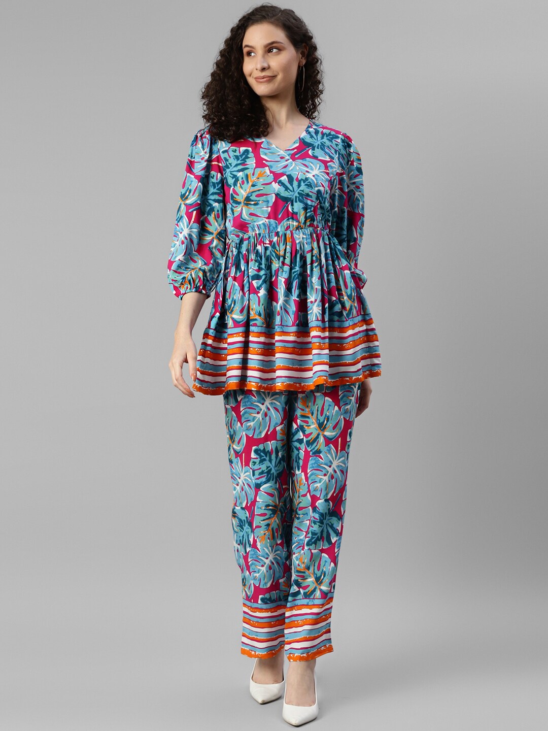 

DEEBACO Printed V-Neck Tunic With Trousers Co-Ords, Blue