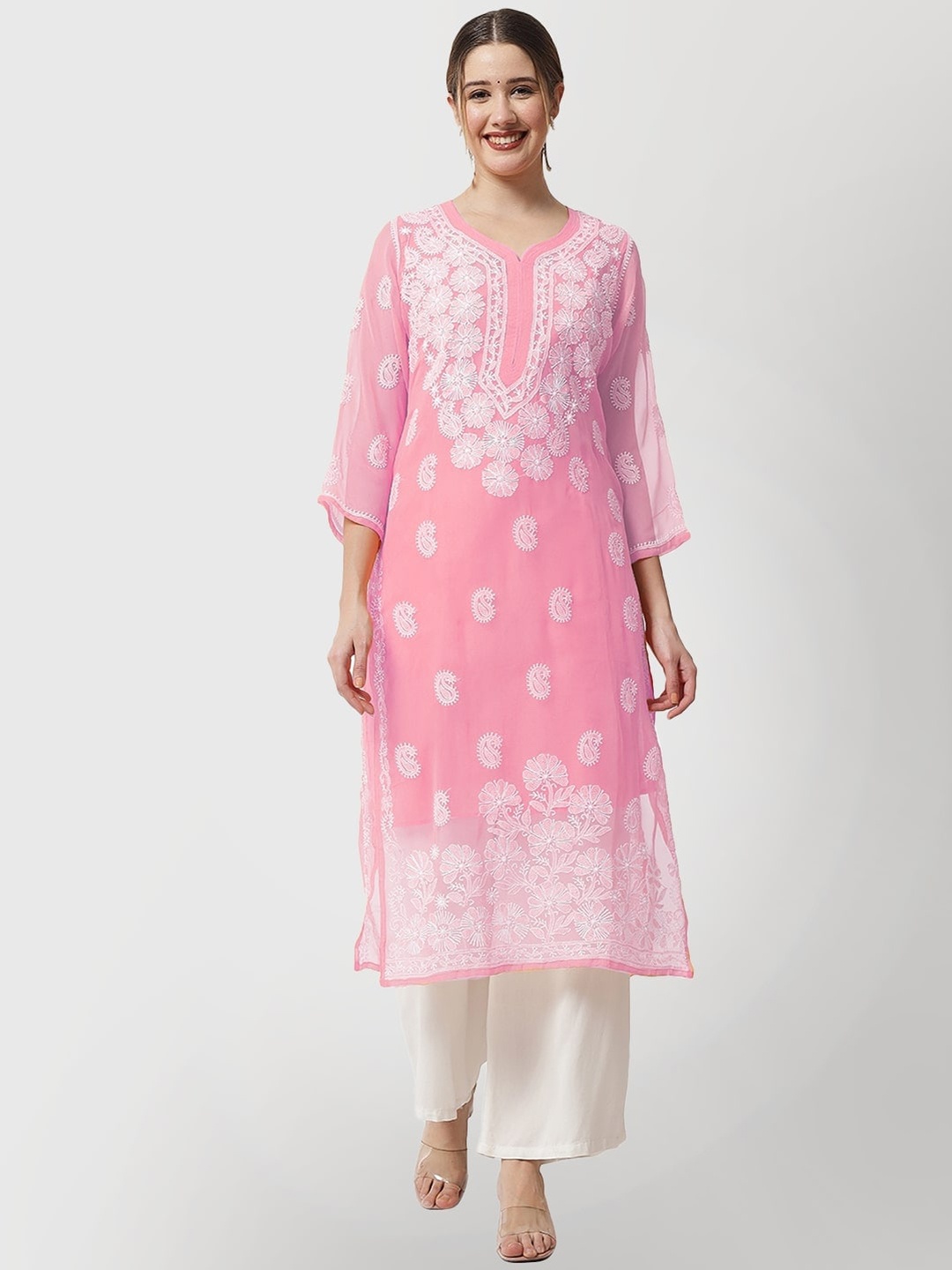 

Ethnava Ethnic Motifs Embroidered Chikankari Georgette Kurta, Pink