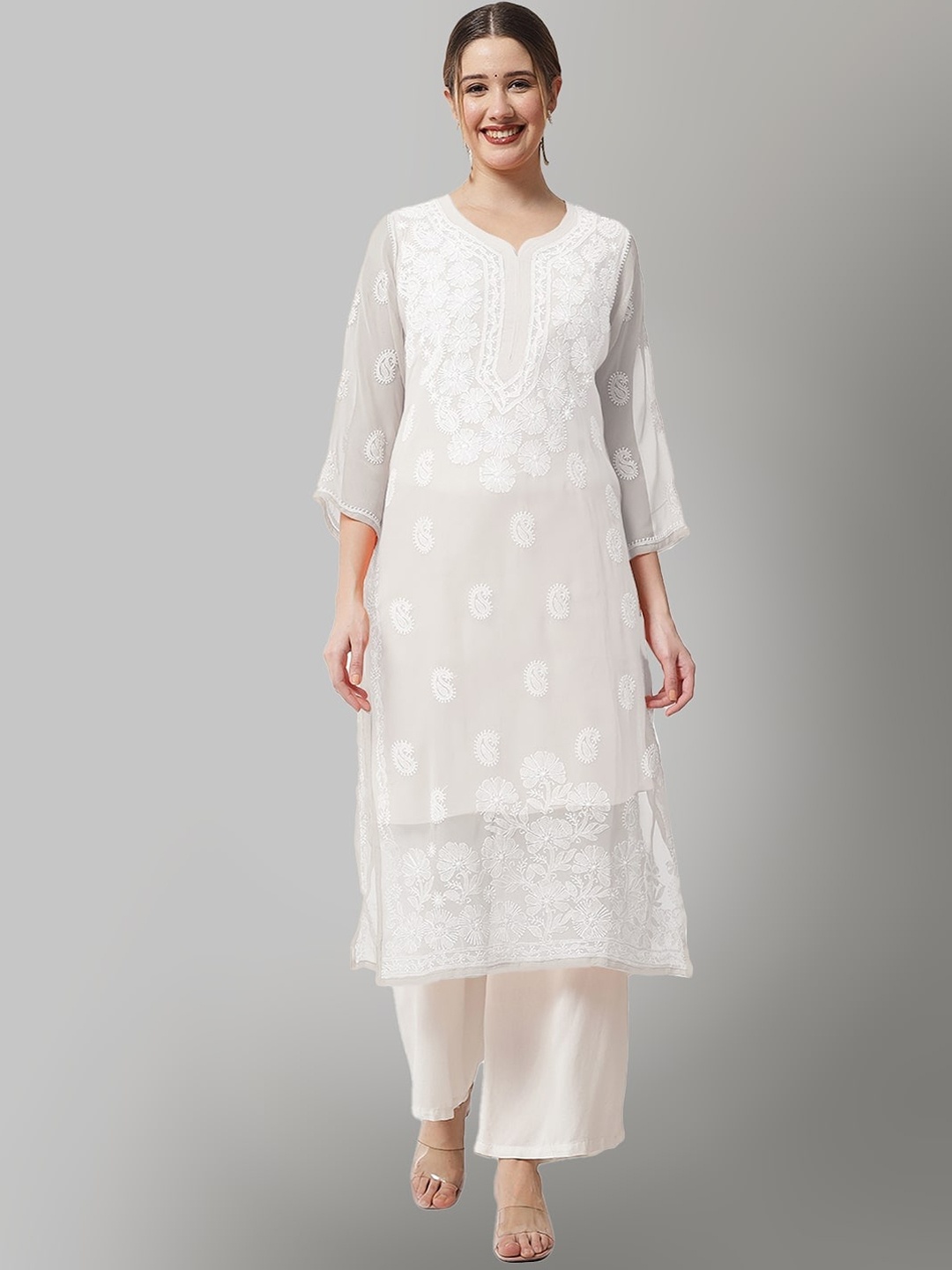 

Ethnava Ethnic Motifs Embroidered Chikankari Georgette Kurta, White