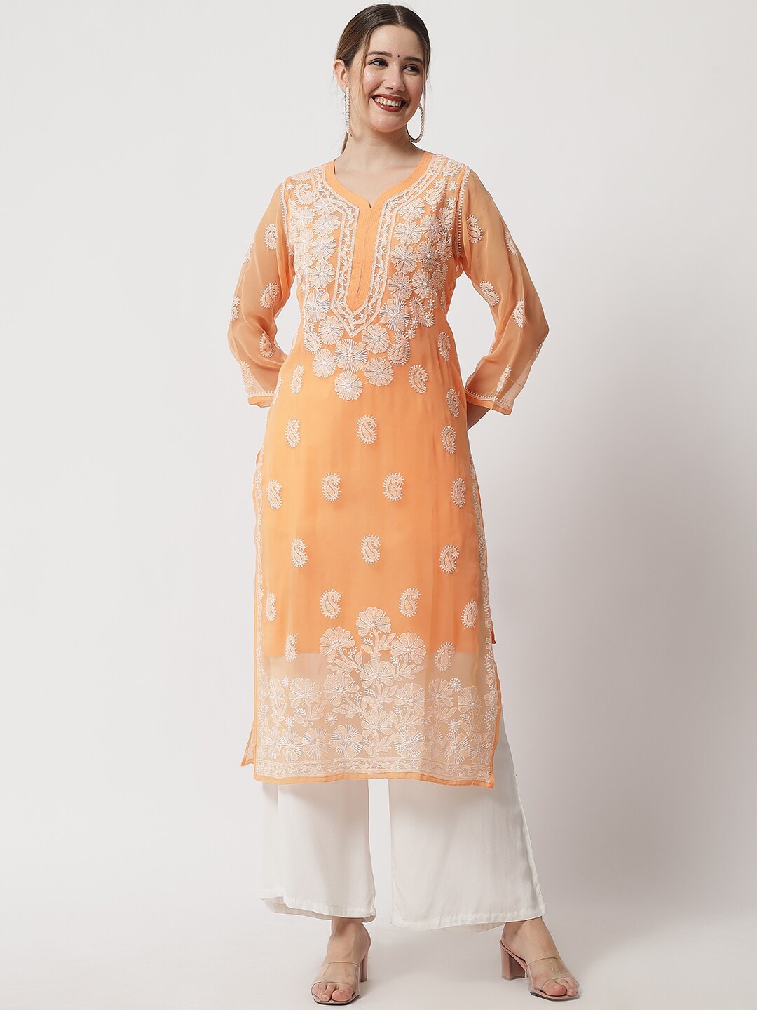 

Ethnava Ethnic Motifs Embroidered Chikankari Georgette Kurta, Orange