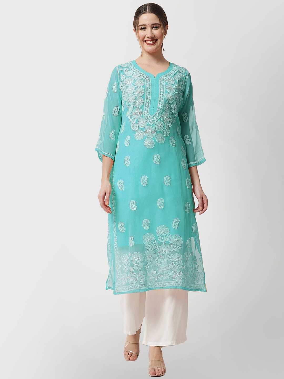 

Ethnava Ethnic Motifs Embroidered Chikankari Georgette Kurta, Sea green
