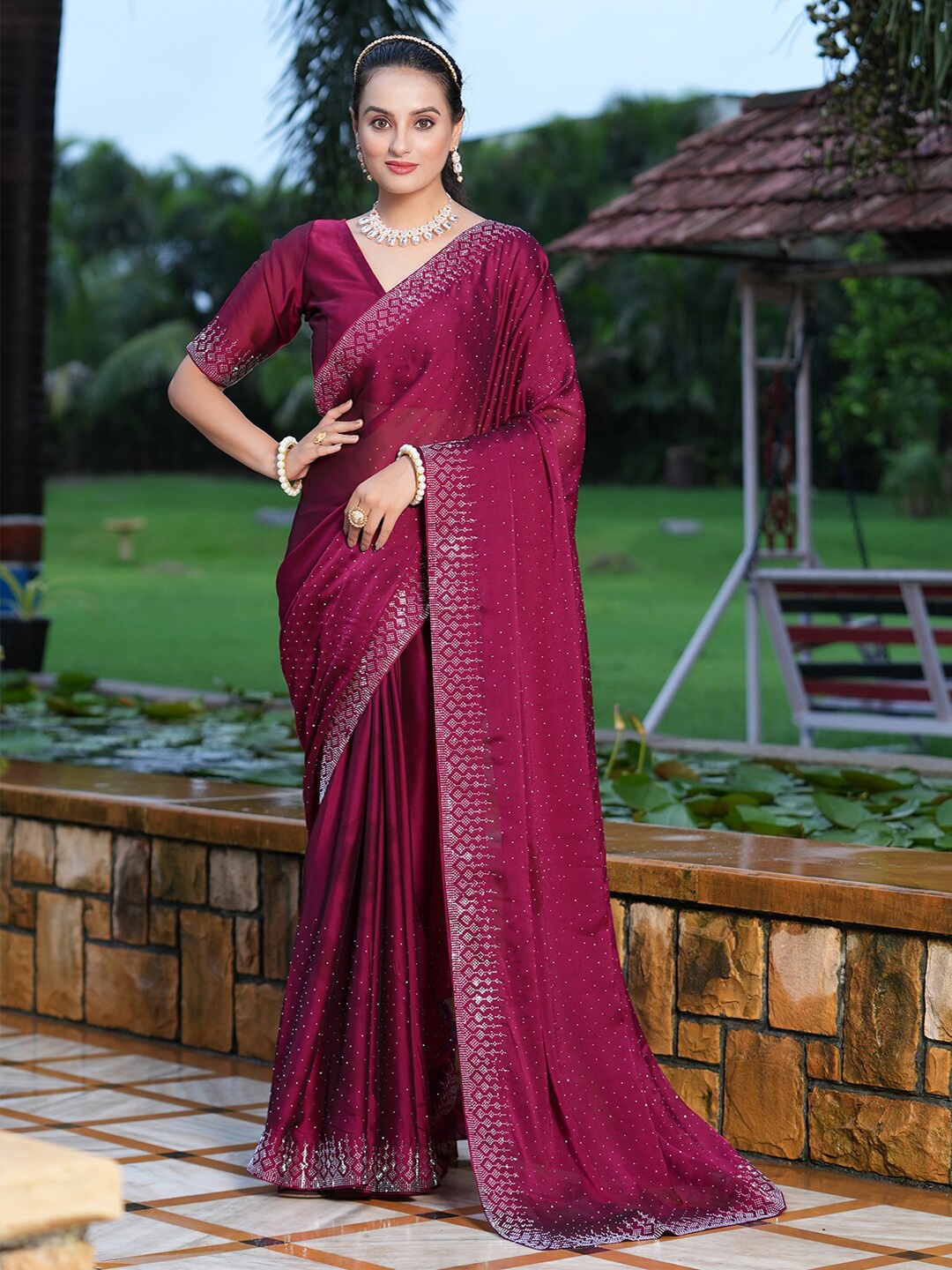 

Satrani Beads and Stones Embellished Saree, Purple