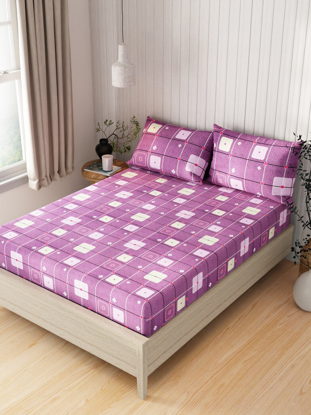 

BIANCA Lopez Pink & White Geometric Cotton 120 TC Queen Bedsheet With 2 Pillow Covers