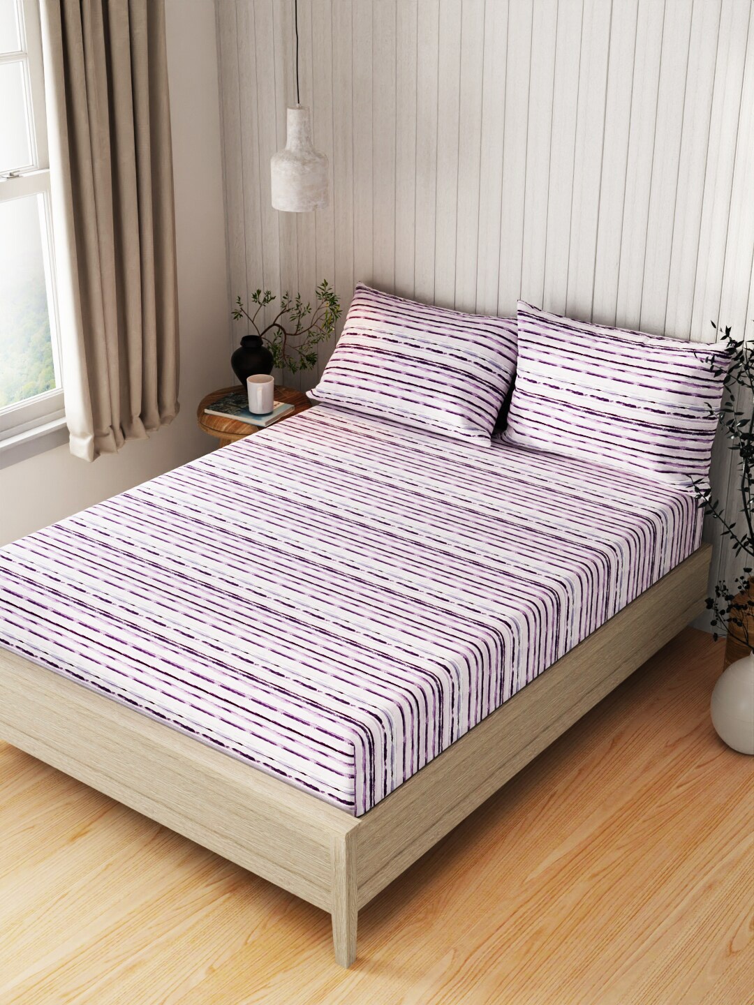 

KOPA Lopez White & Purple Striped Cotton 120 TC Queen Bedsheet With 2 Pillow Covers