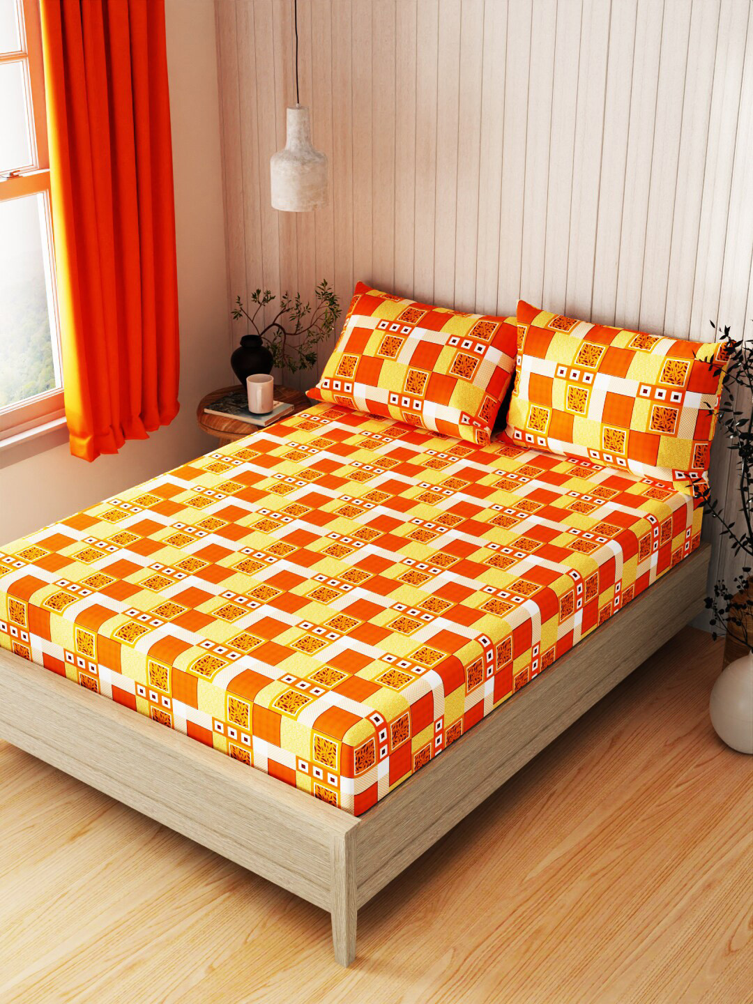 

KOPA Lopez Orange & Yellow Geometric Printed 120 TC Queen Bedsheet with 2 Pillow Covers