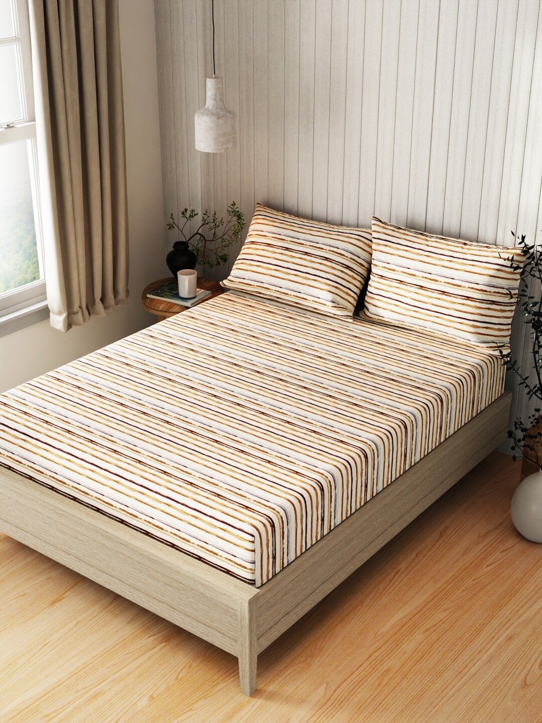 

KOPA Lopez Brown & White Striped 120 TC Queen Bedsheet With 2 Pillow Covers