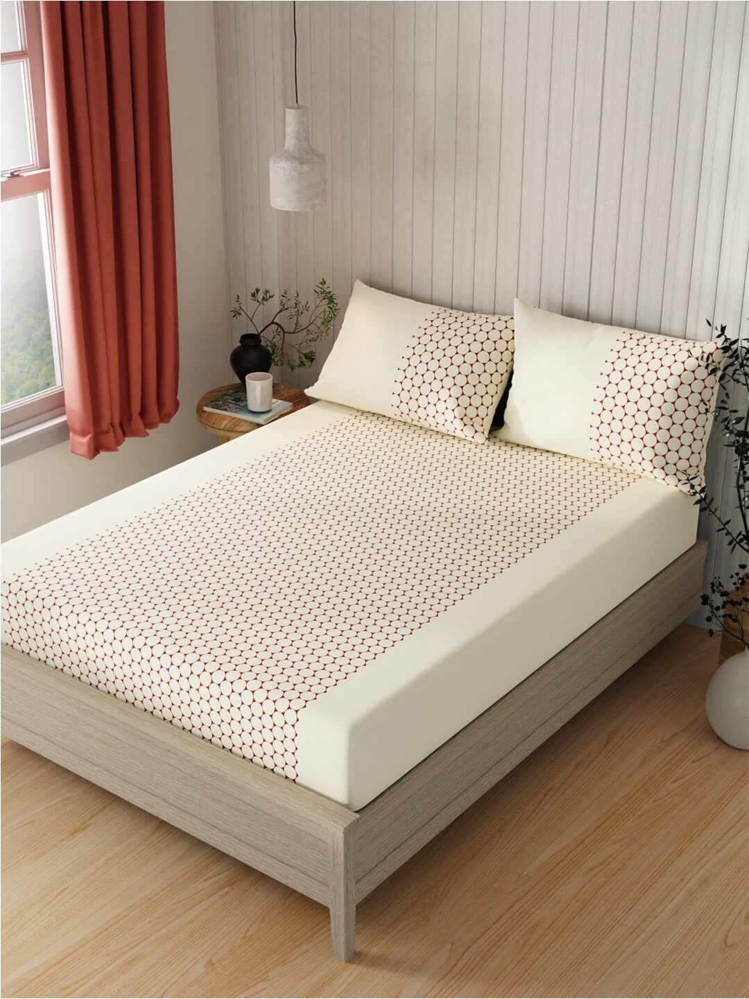 

KOPA Lopez Rust & White Geometric Cotton 120 TC Queen Bedsheet With 2 Pillow Covers