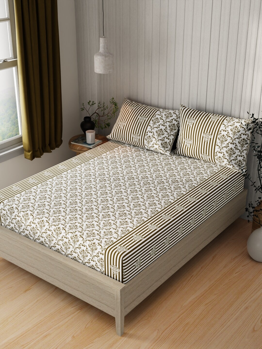 

BIANCA Lopez Olive Green & White Printed Cotton 120 TC Queen Bedsheet With 2 Pillow Covers
