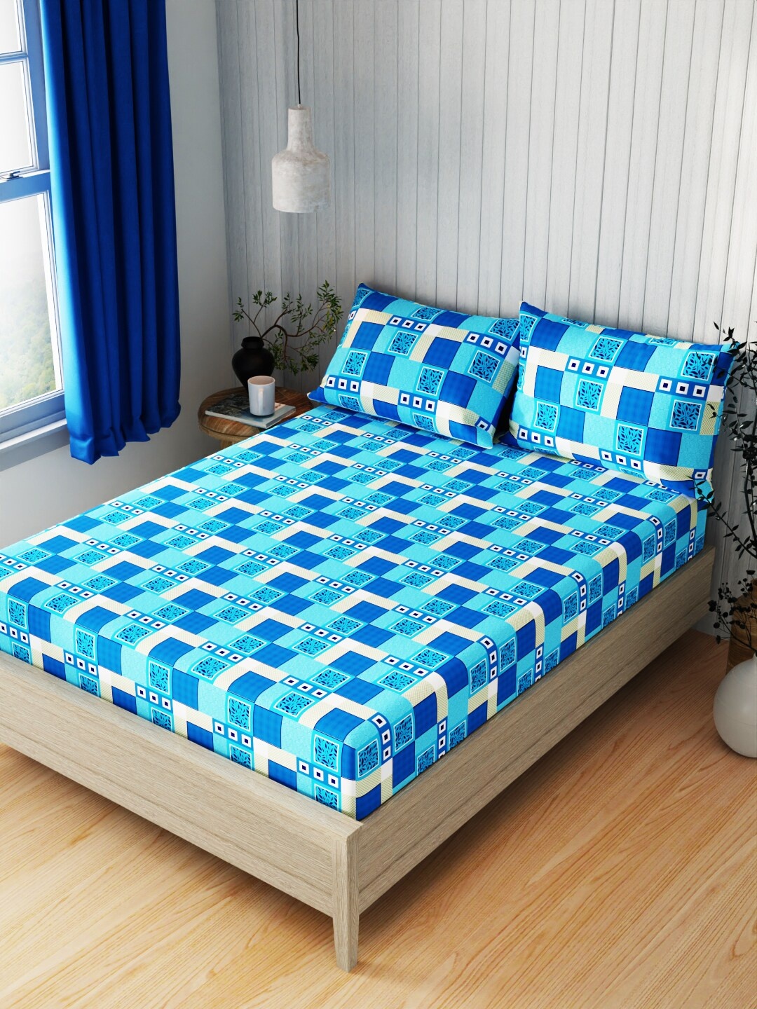 

KOPA Lopez Turquoise Blue Geometric Cotton 120 TC Queen Bedsheet With 2 Pillow Covers