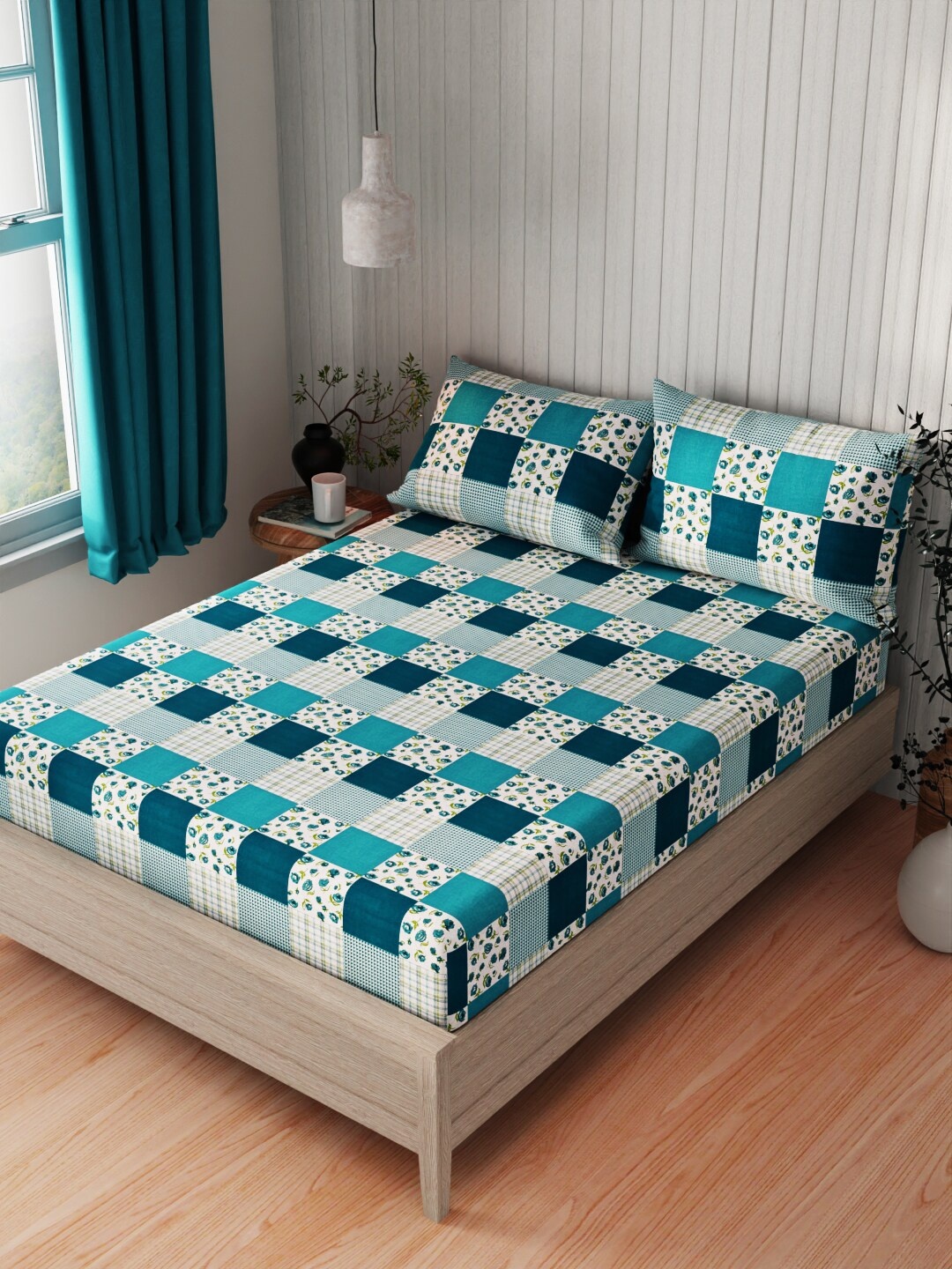 

BIANCA Lopez Teal & White Geometric Cotton 120 TC Queen Bedsheet With 2 Pillow Covers