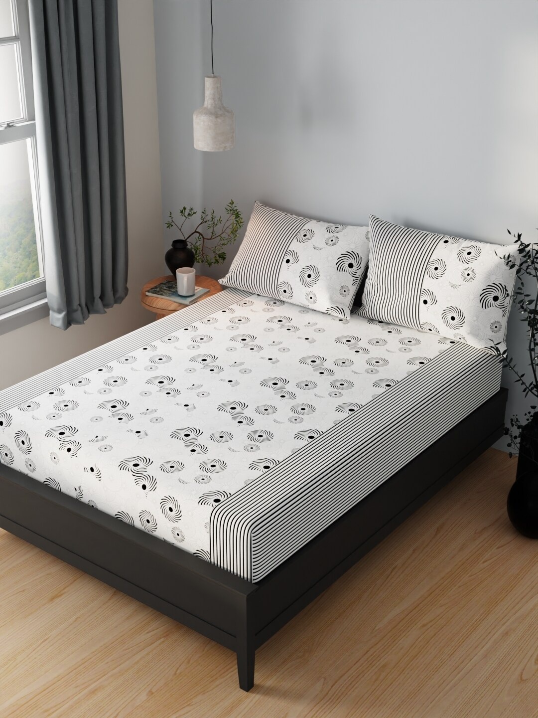 

BIANCA Lopez White & Black Geometric Cotton 120 TC Queen Bedsheet With 2 Pillow Covers