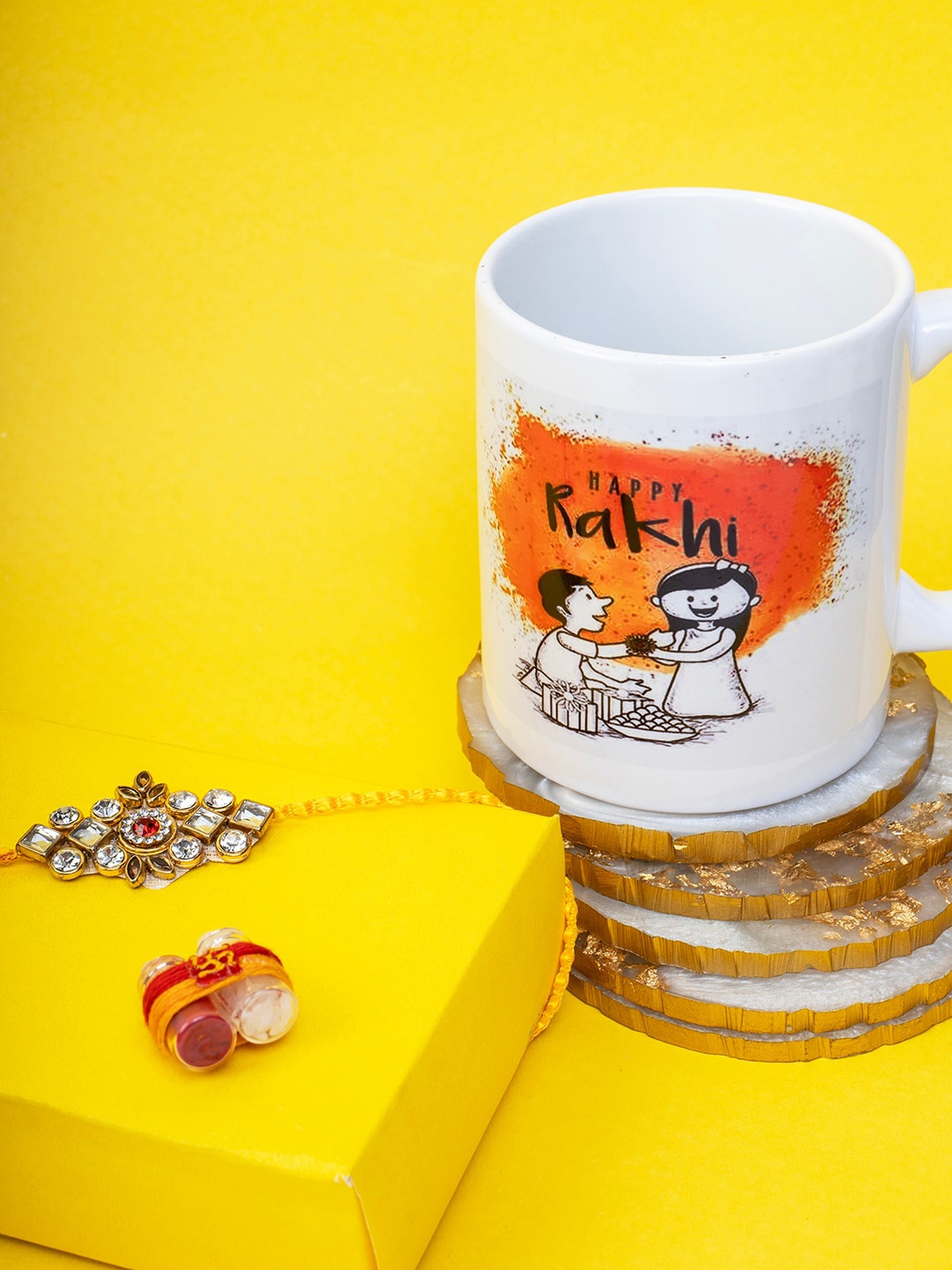 

PANASH Gold-Plated Stone-Studded Rakhi With Roli Chawal & Mug Gift Set