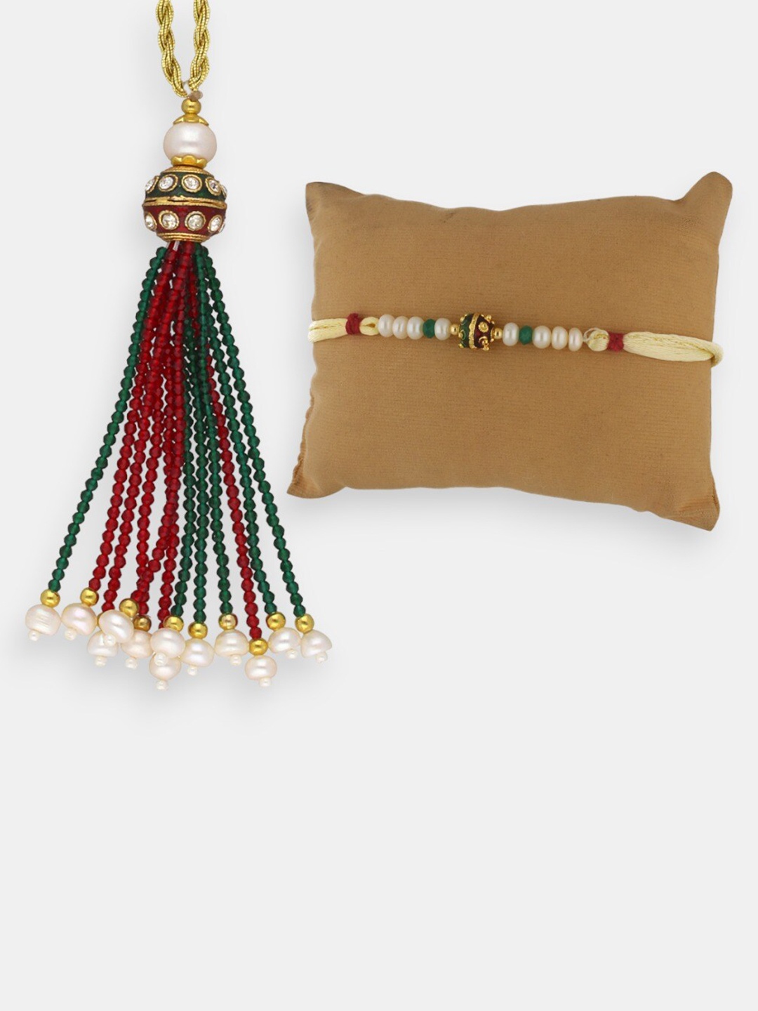 

Sri Jagdamba Pearls Dealer Beaded Embossed Bhaiya Bhabhi Rakhi, Gold