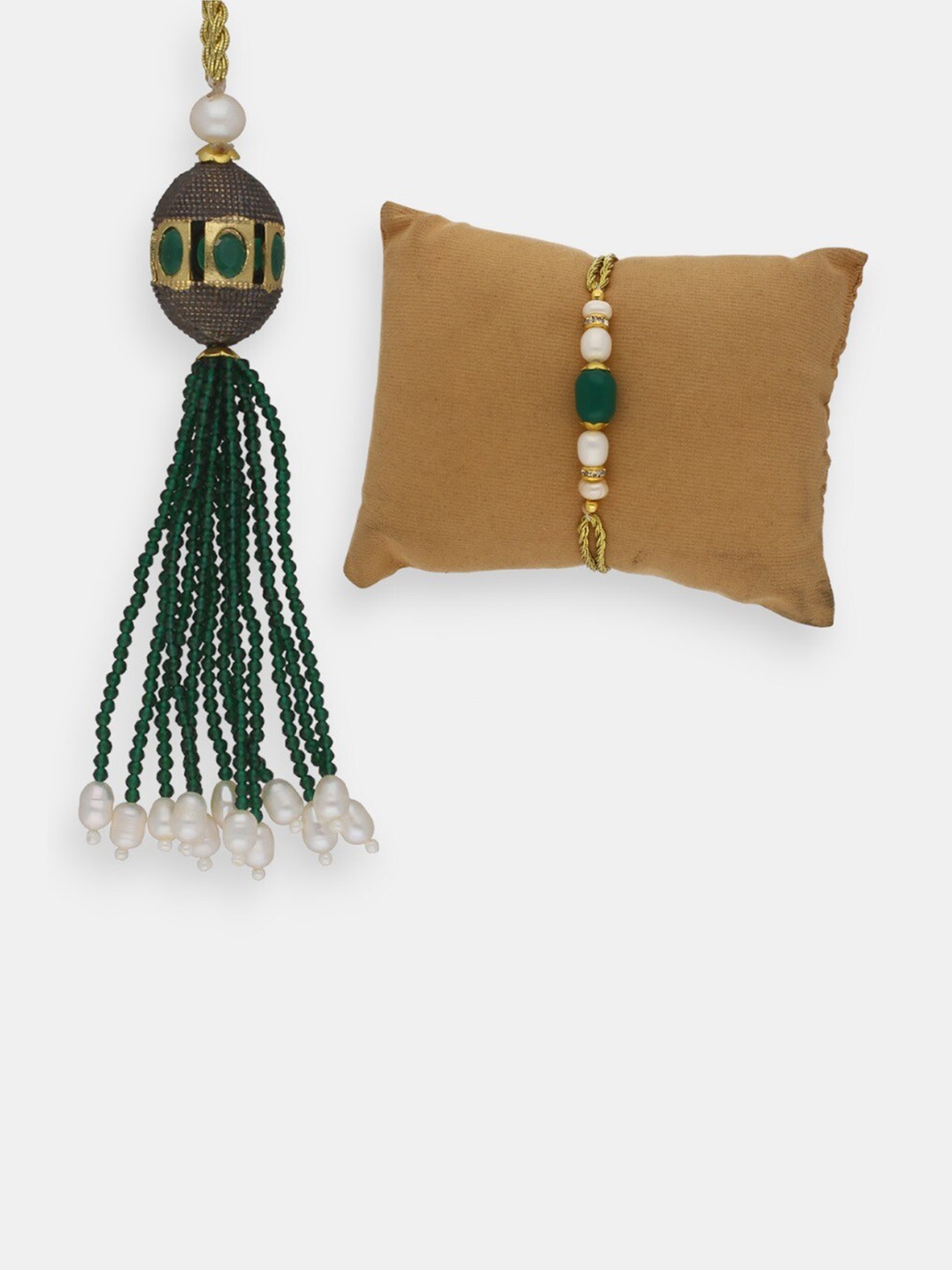 

Sri Jagdamba Pearls Dealer Set Of 2 CZ-Studded & Beaded Rakhis, Gold
