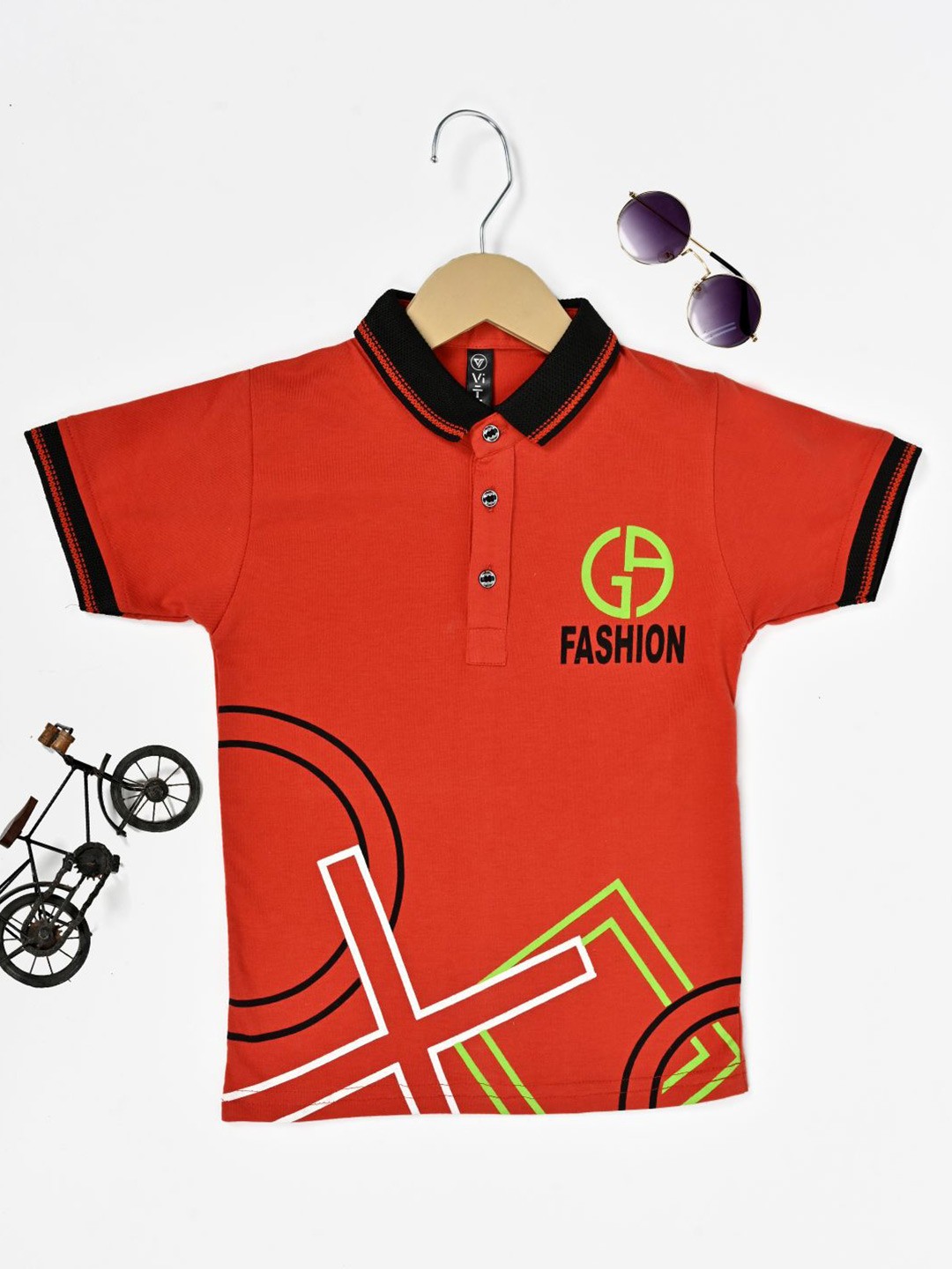 BAESD Boys Geometric Printed Polo Collar Cotton T-shirt, Red