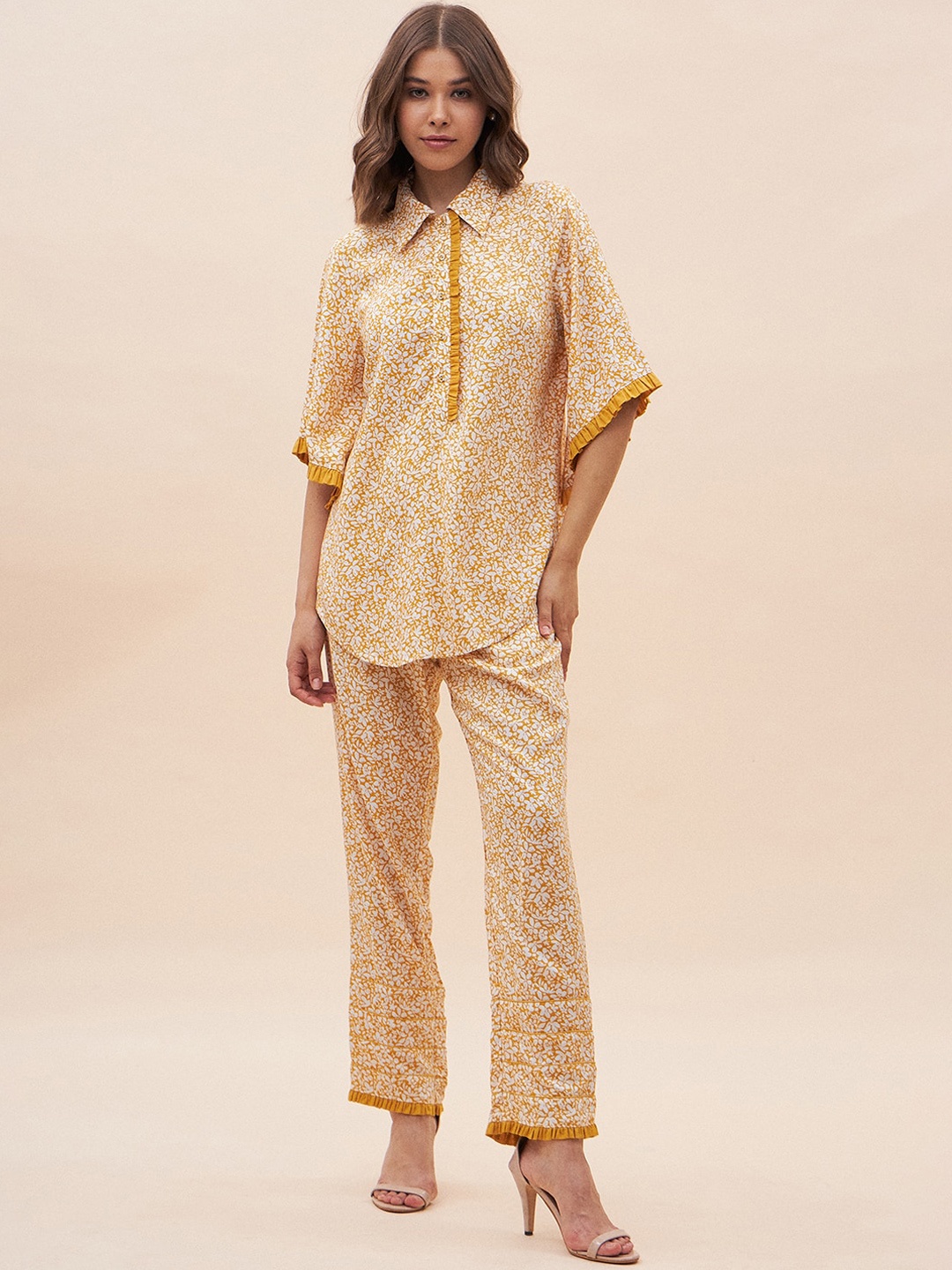 

Femella Floral Printed Shirt Collar Top & Trousers Co-Ords Set, Mustard