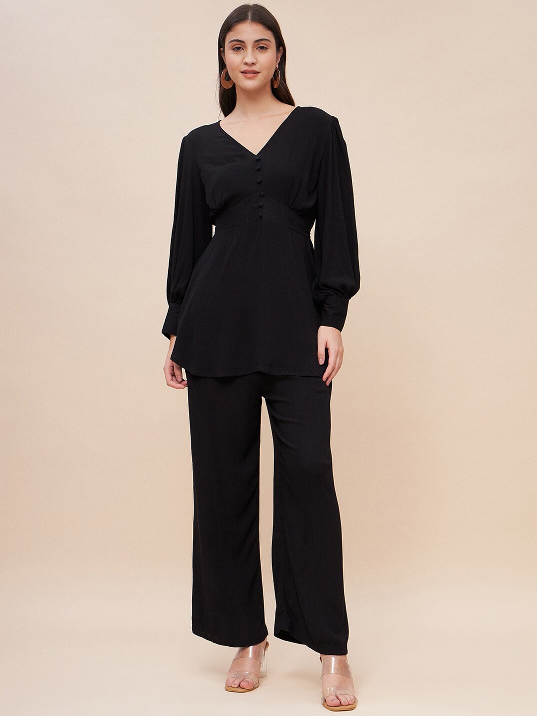 

Femella V-Neck Puff Sleeves Smocking Top With Flared Palazzos Co-Ords Sets, Black