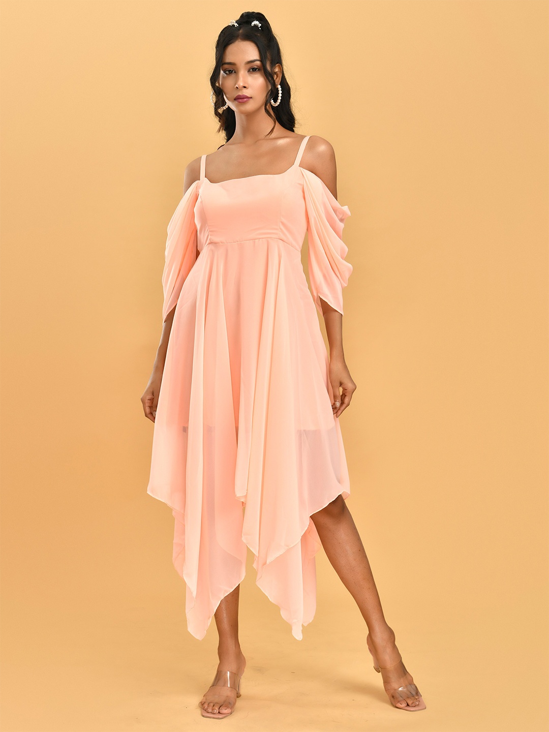 

Disli Cold-Shoulder Georgette Fit & Flare Midi Dress, Peach