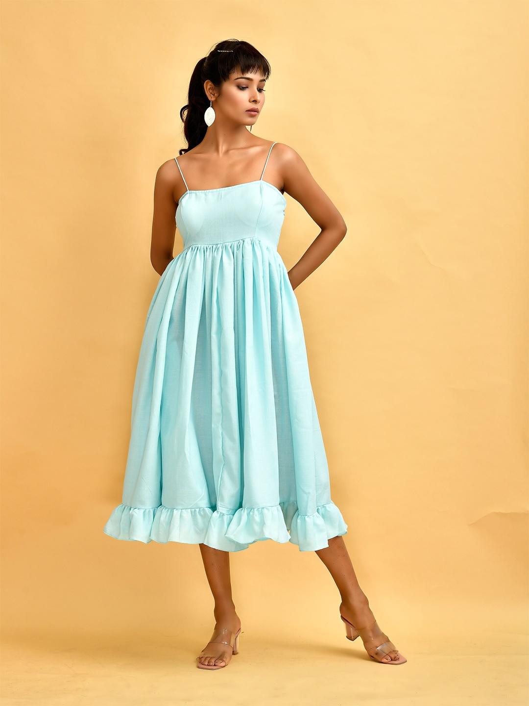 

Disli Shoulder Straps Gathered Detailed Cotton Fit & Flare Midi Dress, Blue