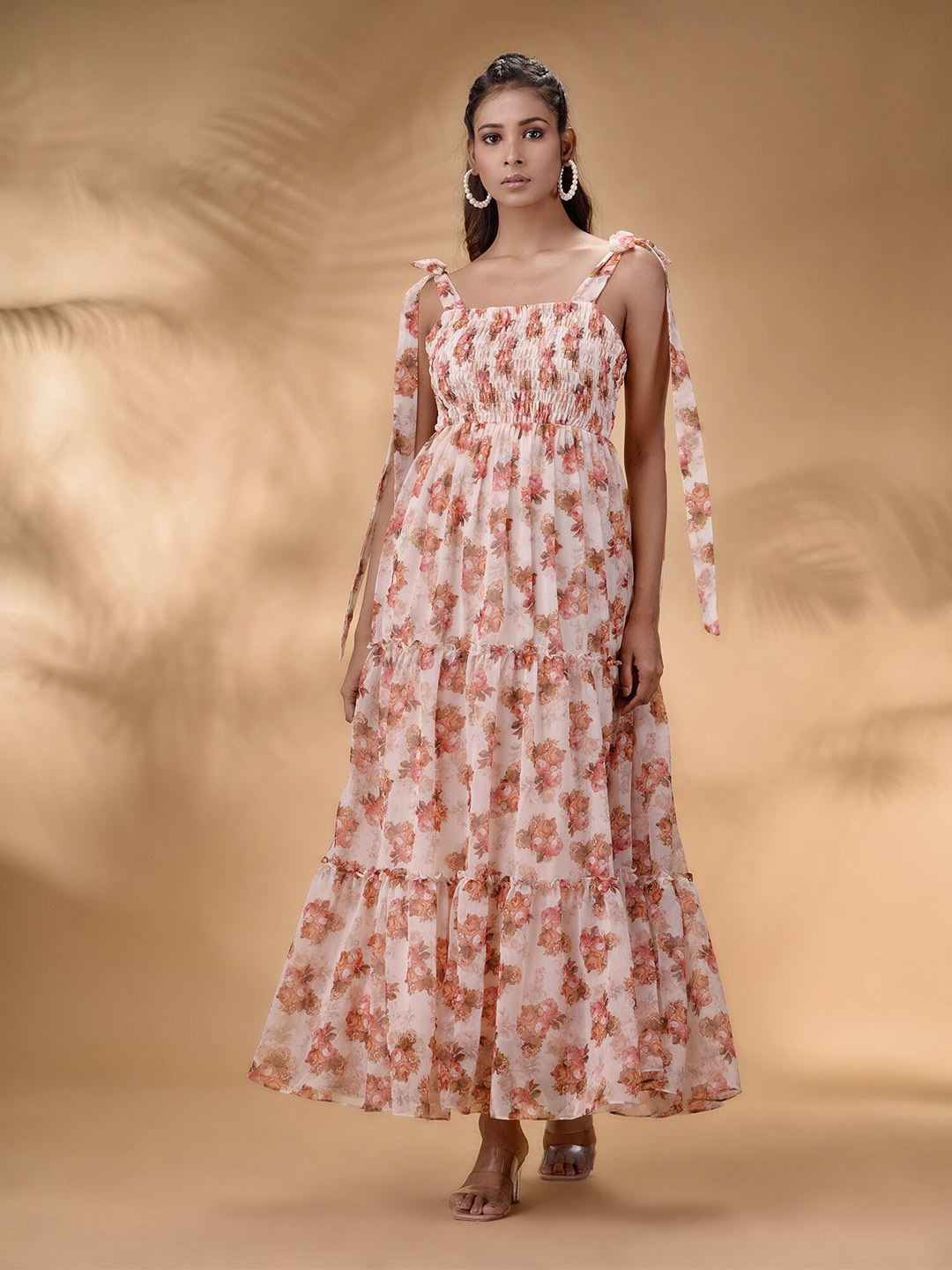 

Disli Floral Printed Shoulder Straps Georgette Maxi Dress, Off white