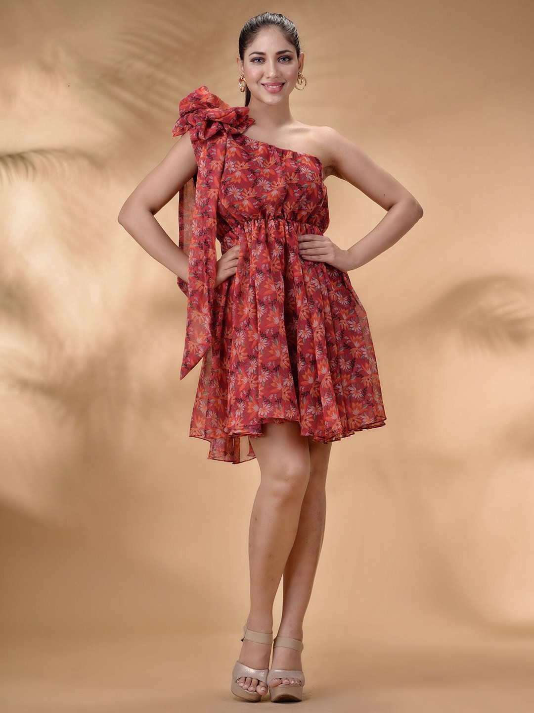 

Disli Floral Printed One-Shoulder Georgette Fit & Flare Dress, Magenta