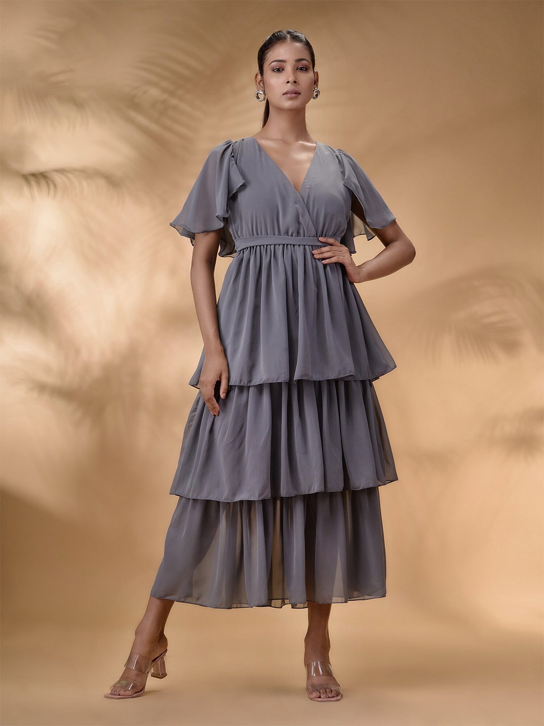 

Disli Flared Sleeves Layered Detailed Georgette Fit & Flare Midi Dress, Grey