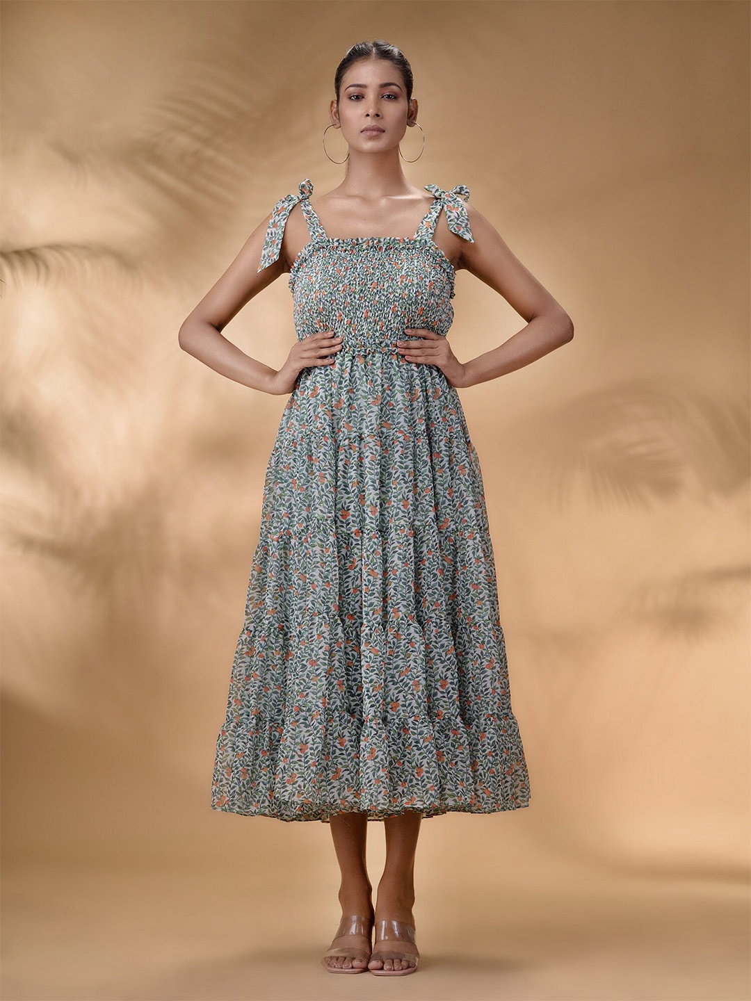

Disli Floral Printed Shoulder Straps Georgette A-Line Midi Dress, White