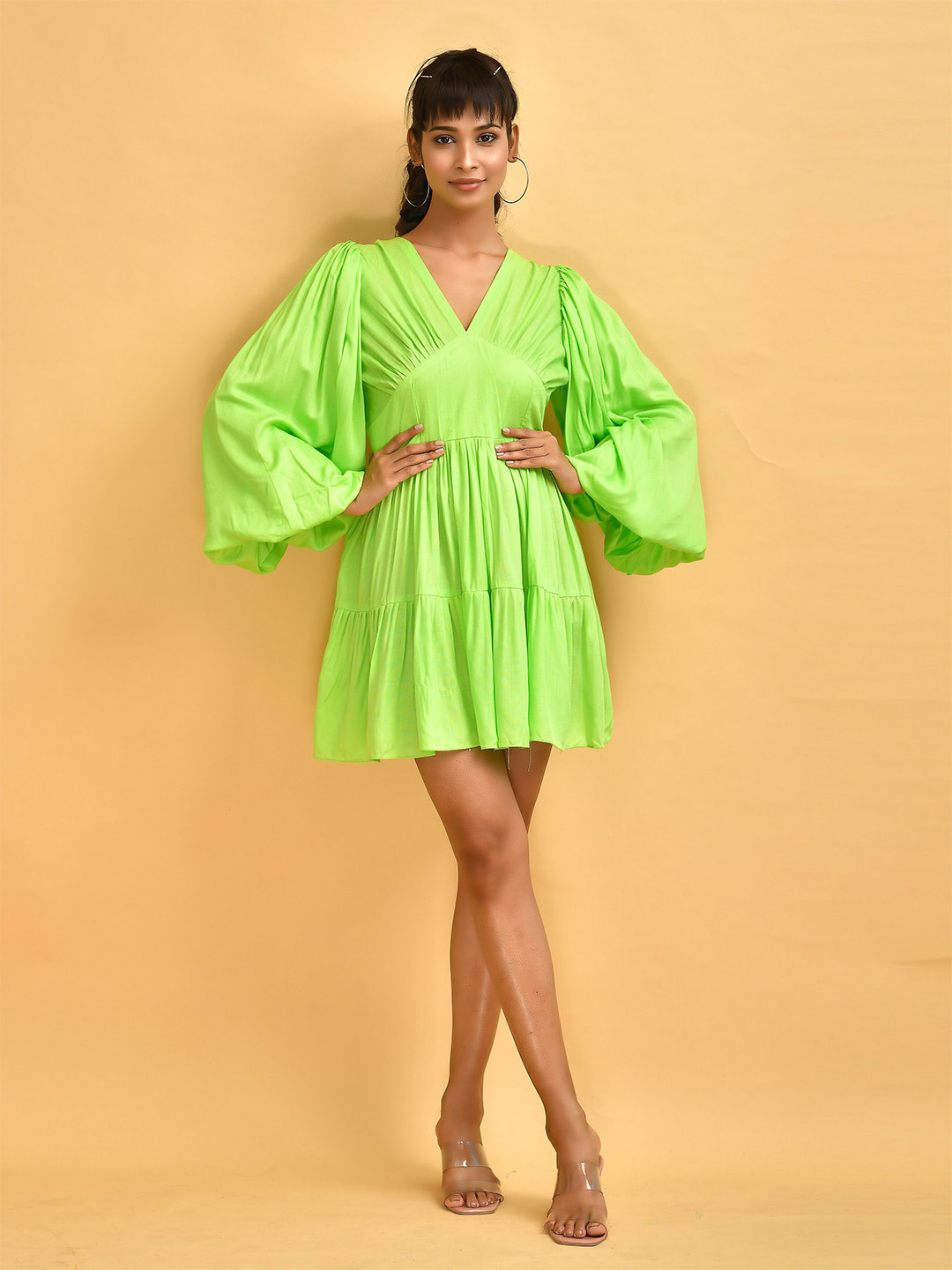 

Disli Bishop Sleeves Gathered Detailed Cotton Fit & Flare Dress, Green