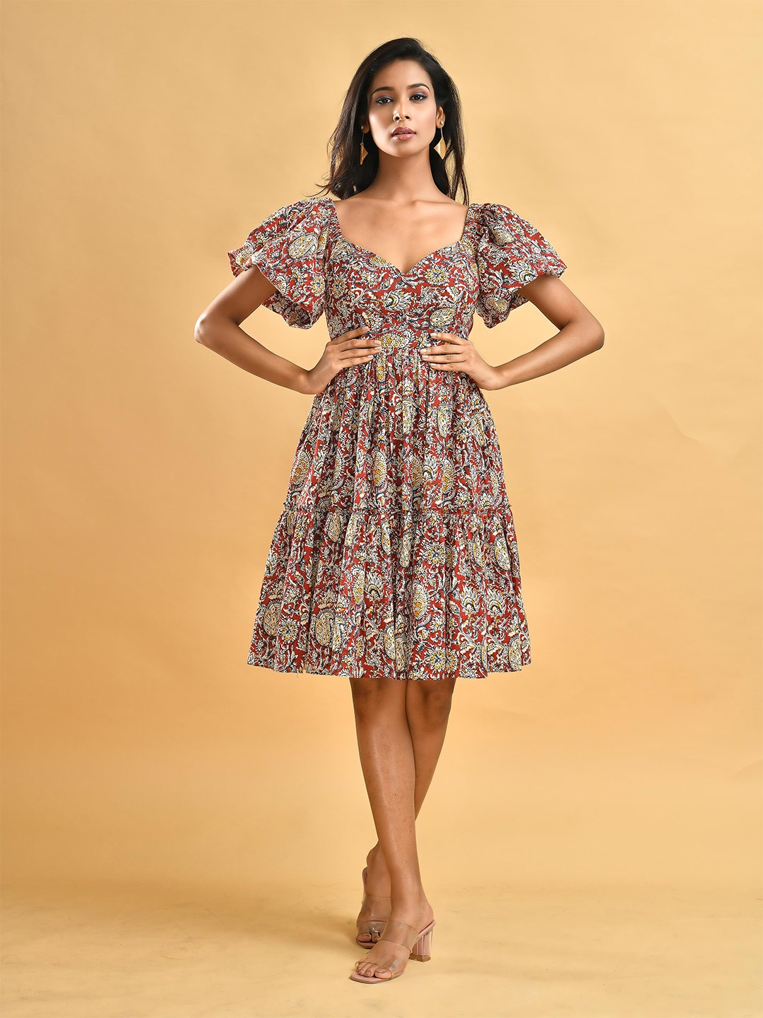 

Disli Floral Printed Puff Sleeves Georgette Fit & Flare Dress, Red
