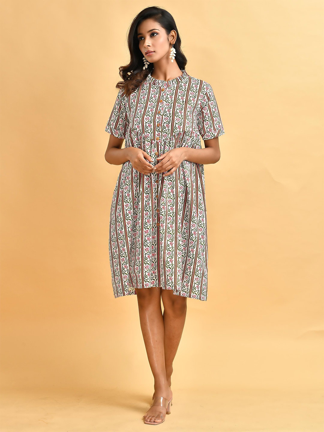 

Disli Floral Printed Mandarin Collar Cotton Empire Dress, White