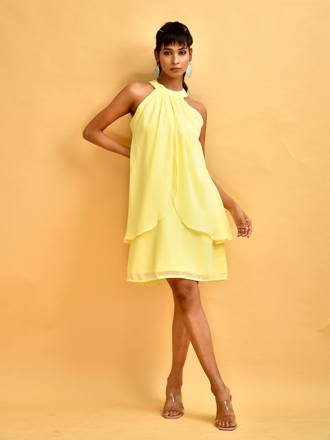 

Disli Halter Neck Layered Georgette A-Line Dress, Yellow
